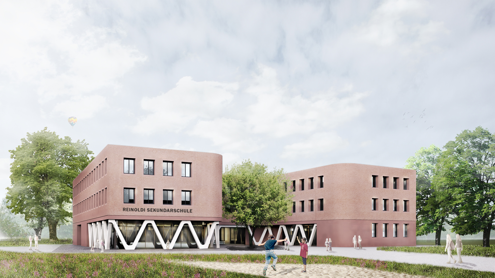 Rendering showing the two-wing pink building with V-columns and pedestrians in the forecourt