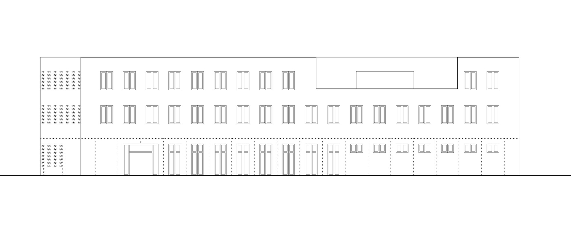 Elevation drawing showing repetitive window grid on upper floors above ground-level openings