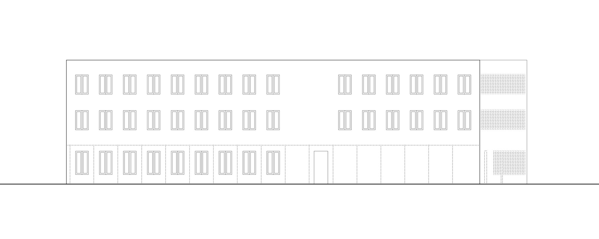 The image presents an architectural elevation of a building with a minimalist and modern design. The facade features a repetitive pattern of windows arranged in