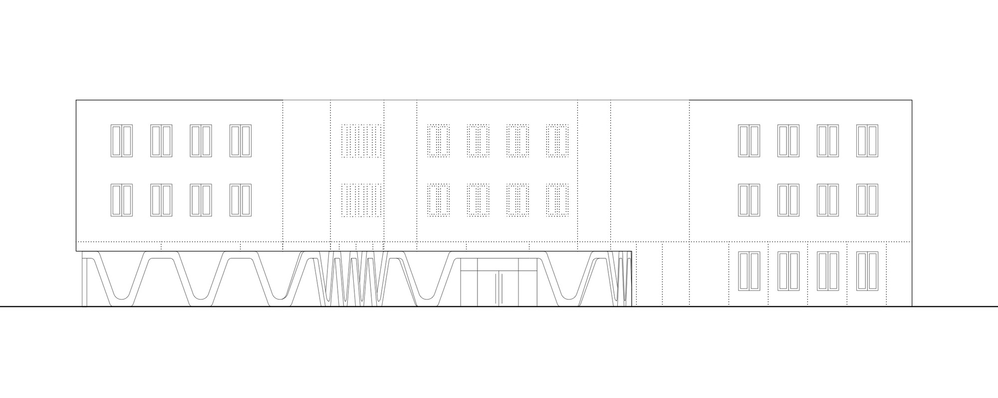 Elevation drawing with undulating wave-form base structure and rectangular window openings above