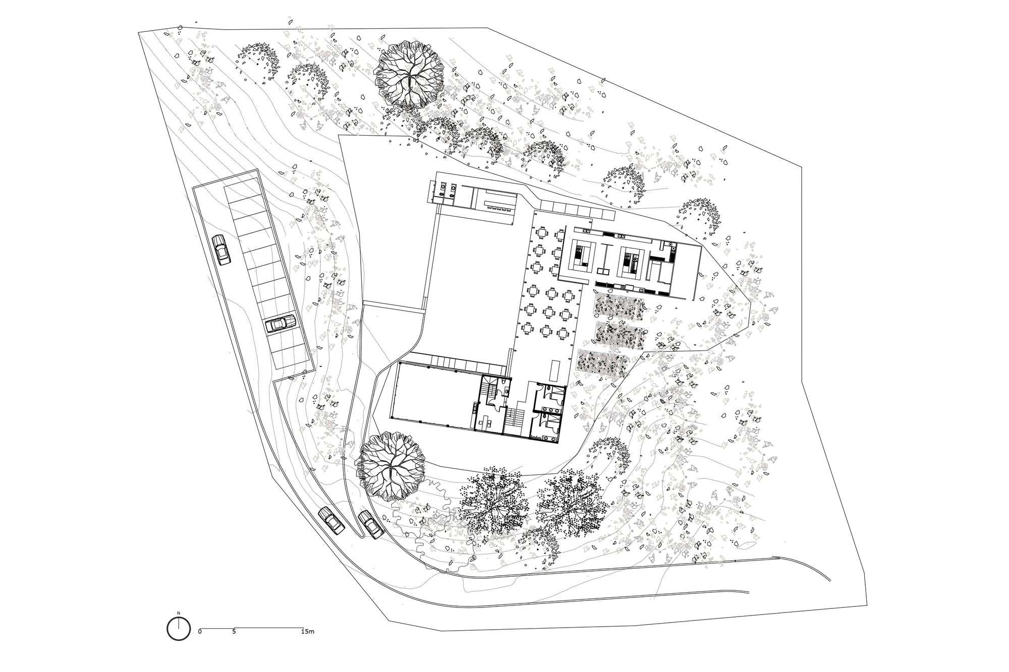 Site plan drawing showing building volumes and landscape with trees and parking areas