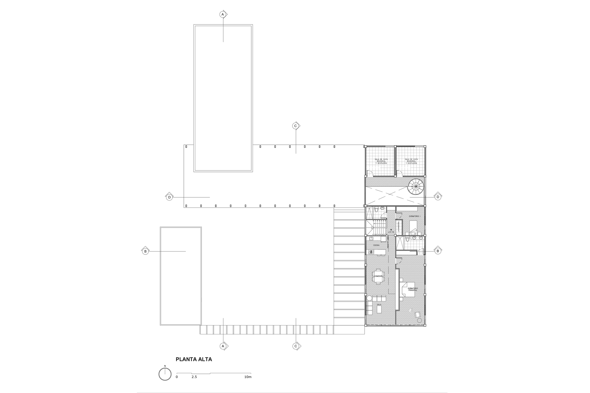 Upper floor plan drawing showing residential spaces and terraces along one wing
