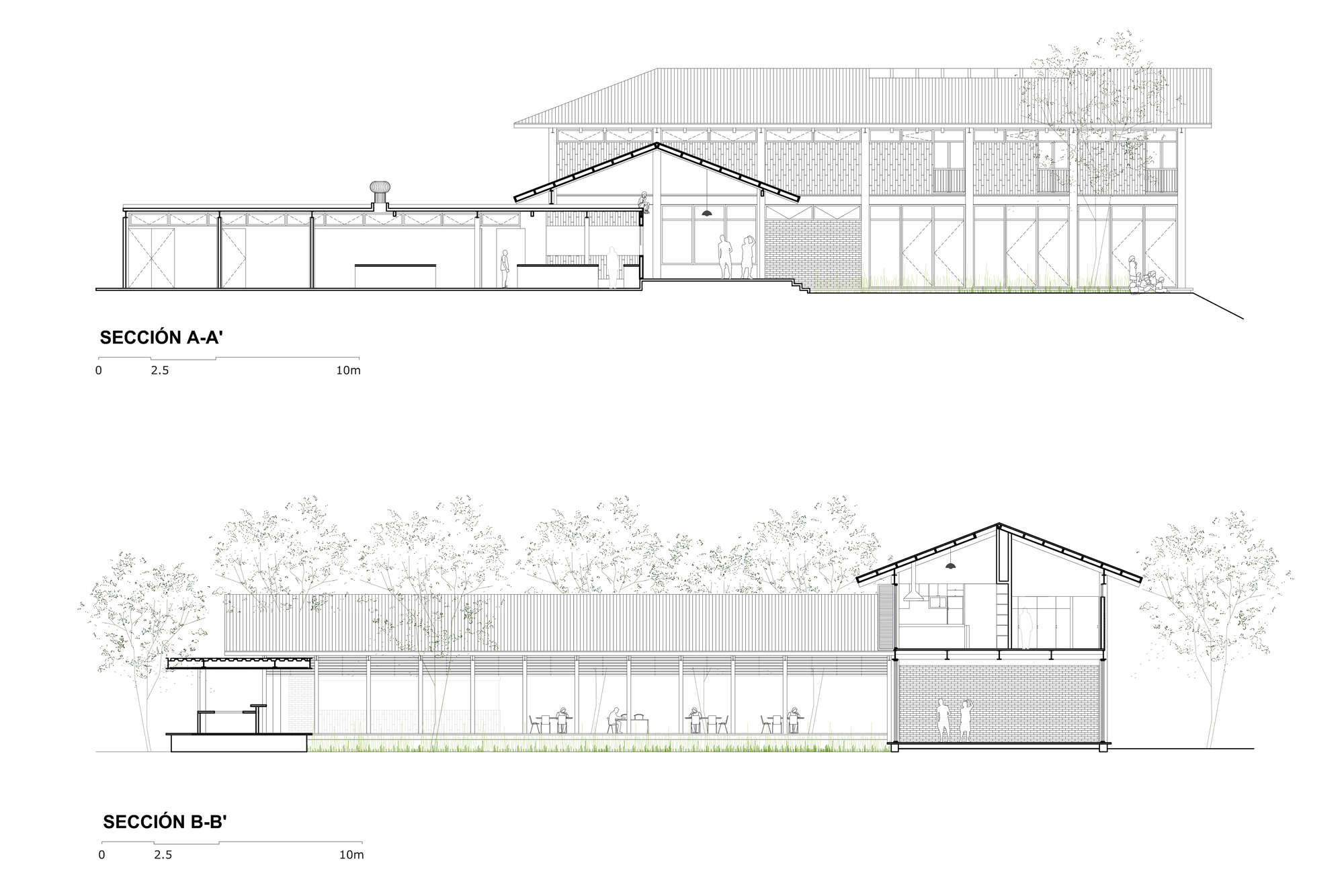 Section drawings showing pitched roof volumes and interior spaces with trees in context