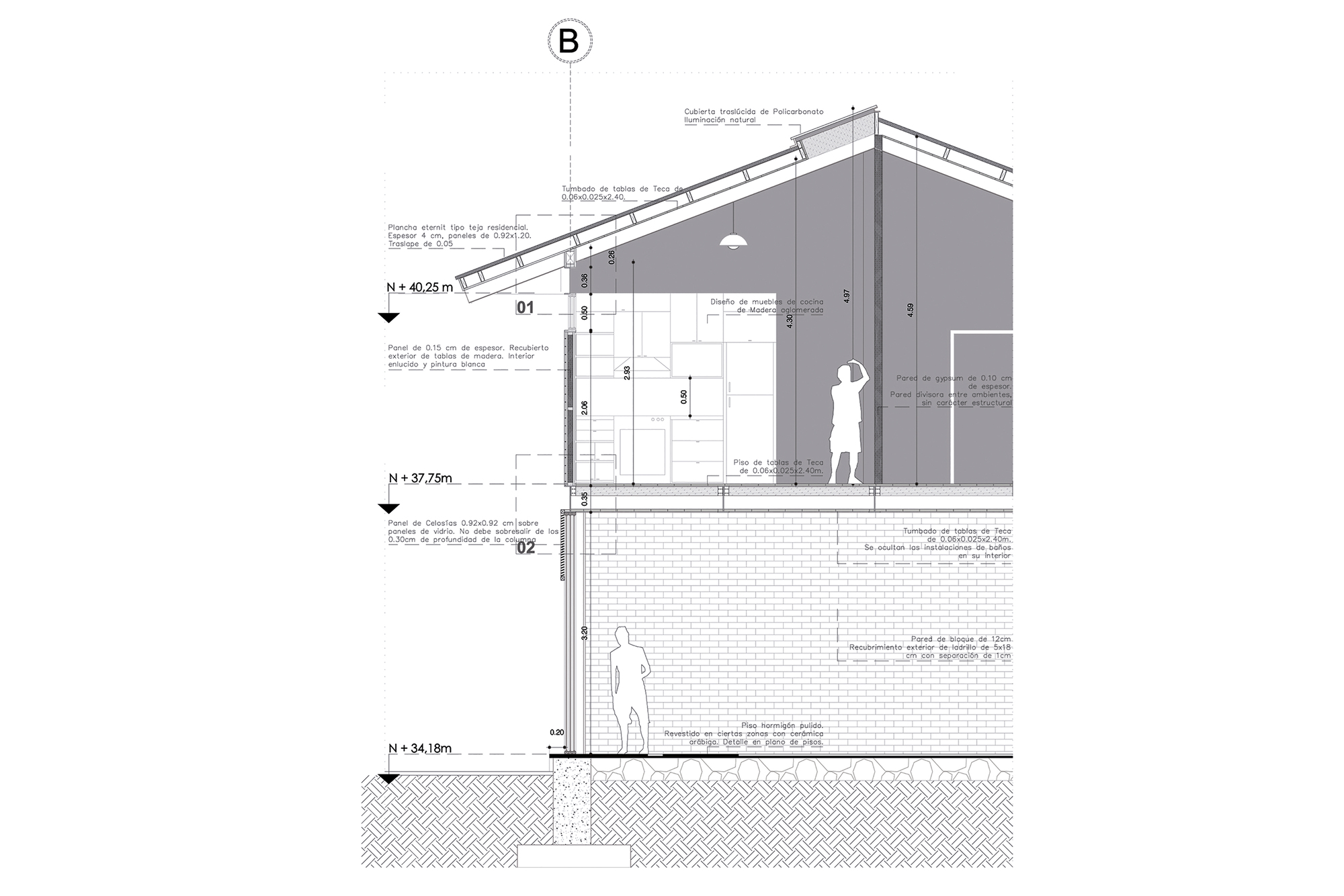 Detail section drawing showing multilevel interior spaces with material notations and human figures for scale