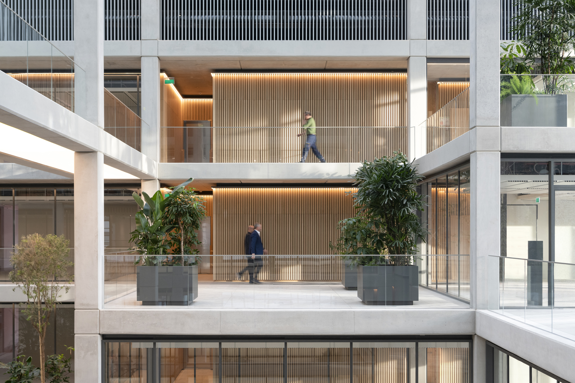 Interior atrium with concrete bridges connecting levels lined with vertical timber slats and planted containers