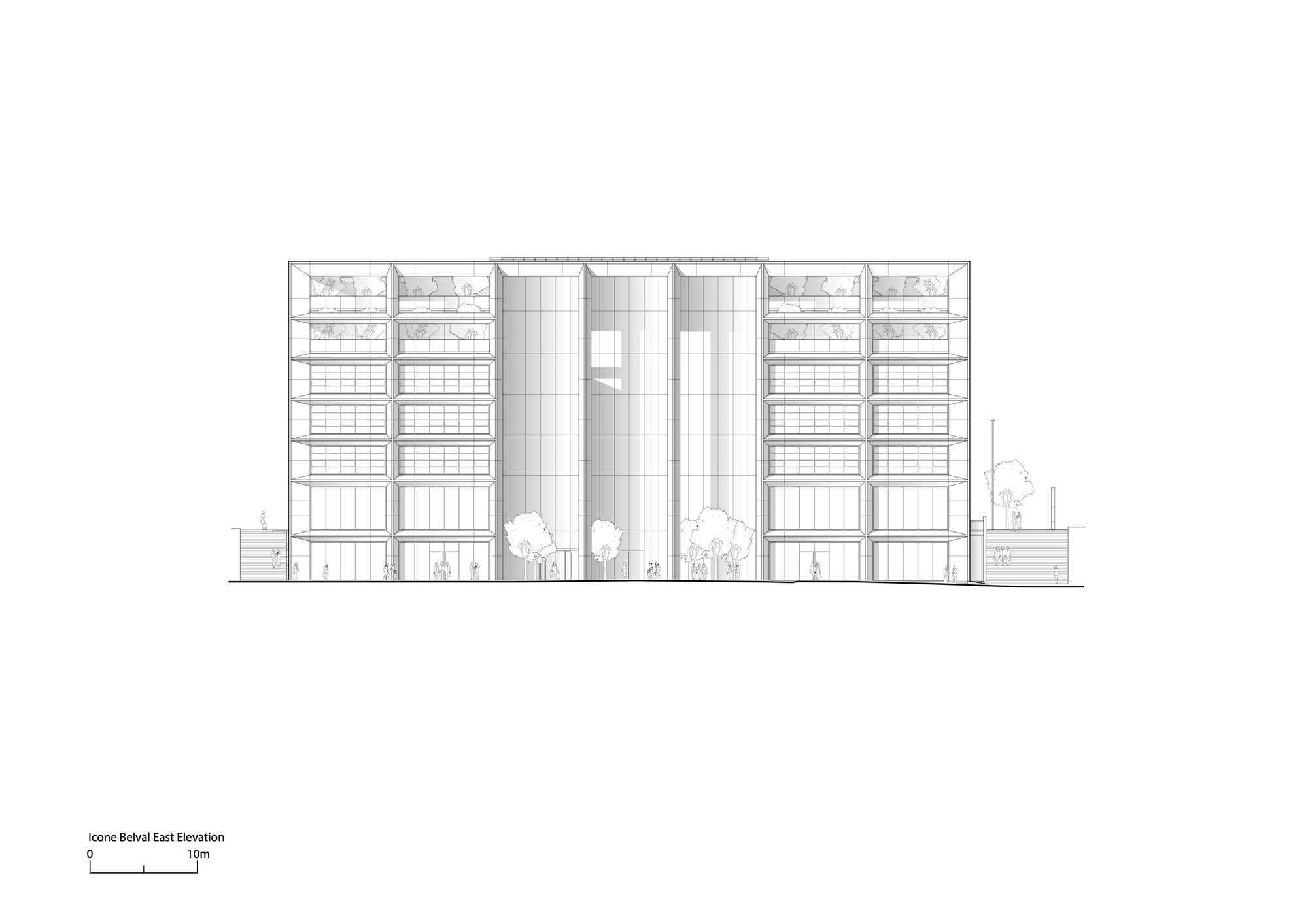 East elevation drawing showing a multistory facade with central glazed atrium flanked by residential wings