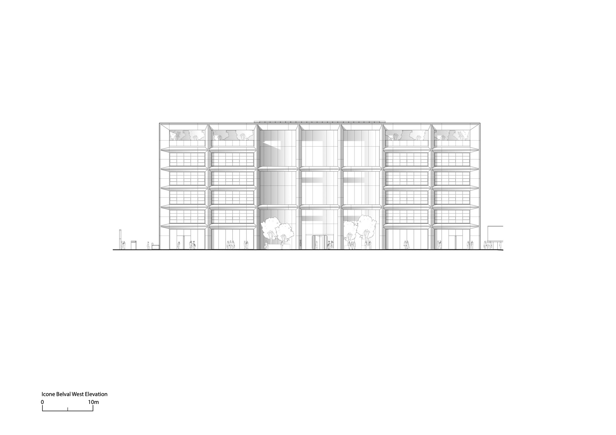 West elevation drawing illustrating a symmetrical facade with tall glazed openings at the center