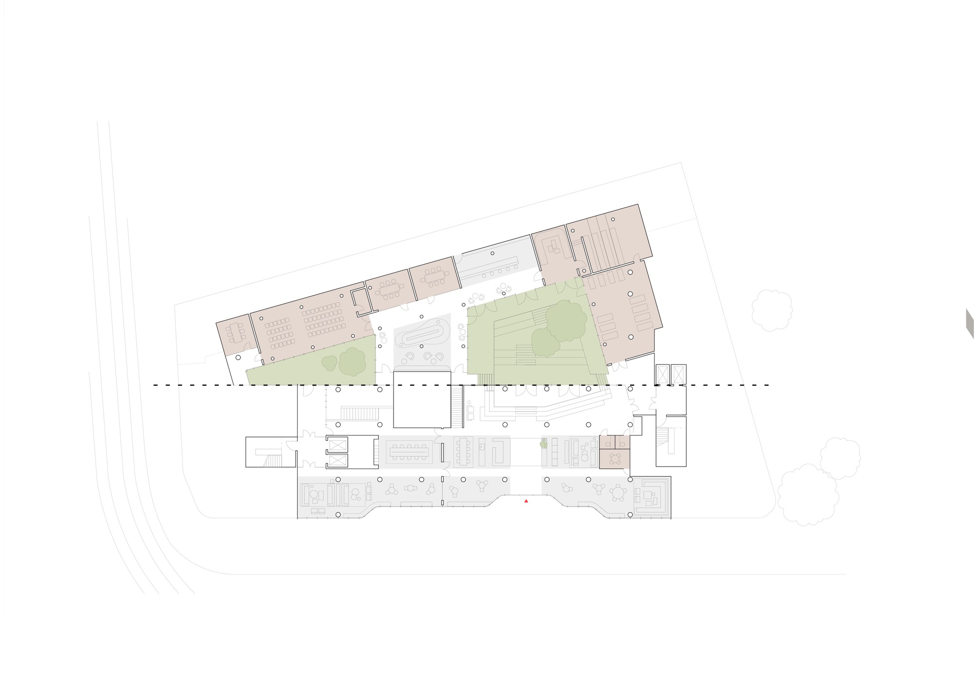 Floor plan drawing with green zones highlighting planted courtyards in the upper wing