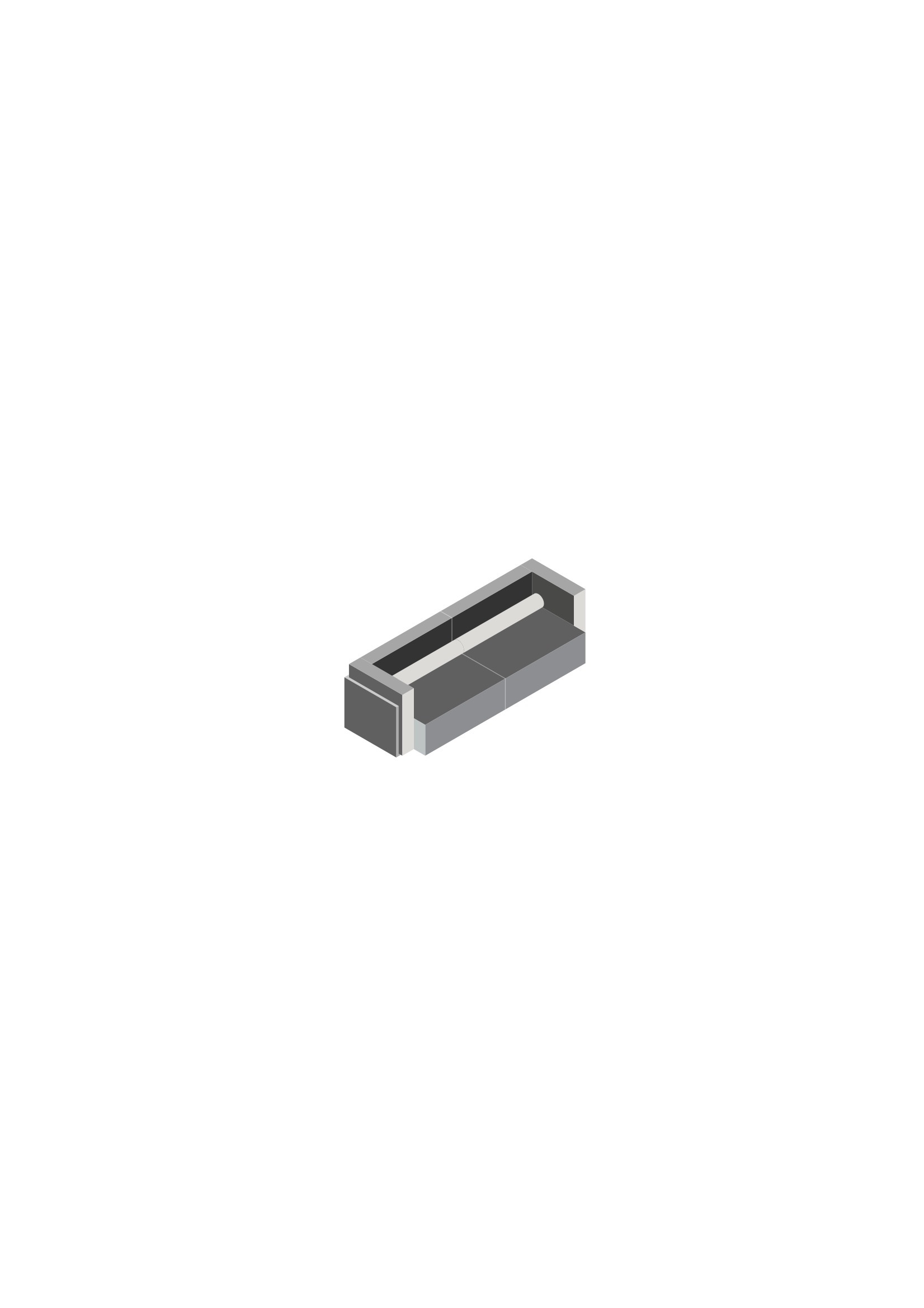 Isometric drawing of a rectangular basin with enclosed ends and a central slot