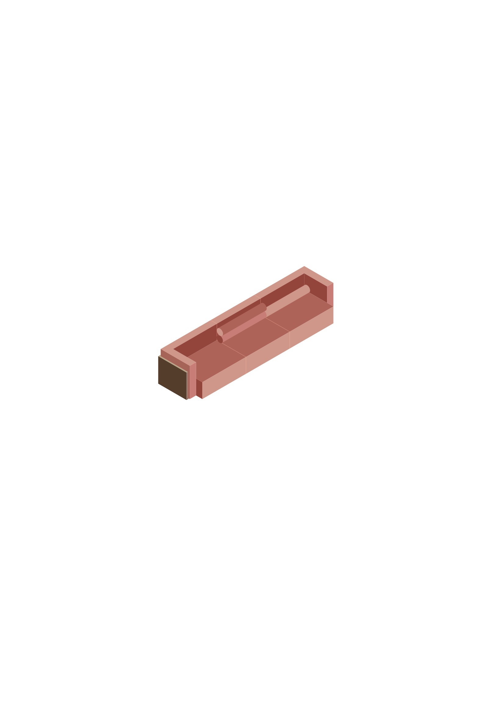 Isometric drawing of an elongated basin with a central drain and enclosed end