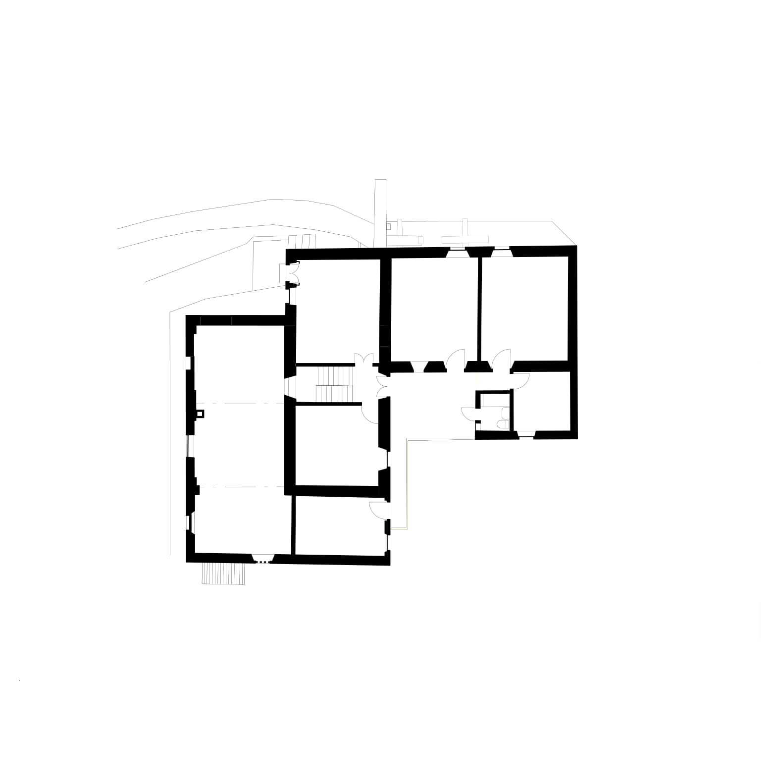 Upper floor plan drawing showing rooms distributed across interconnected existing and new volumes