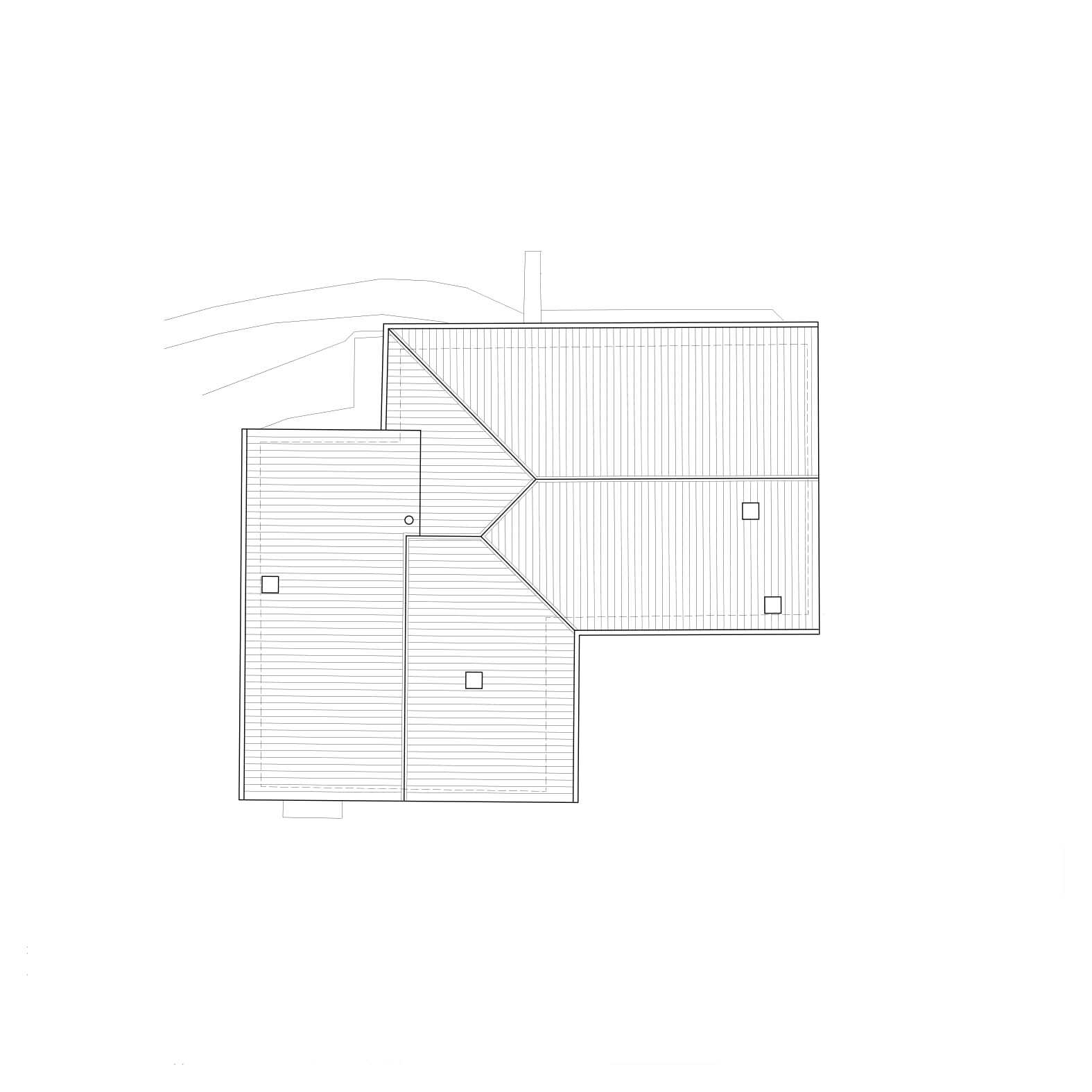Roof plan drawing illustrating the angled connection between two rectangular volumes with skylights