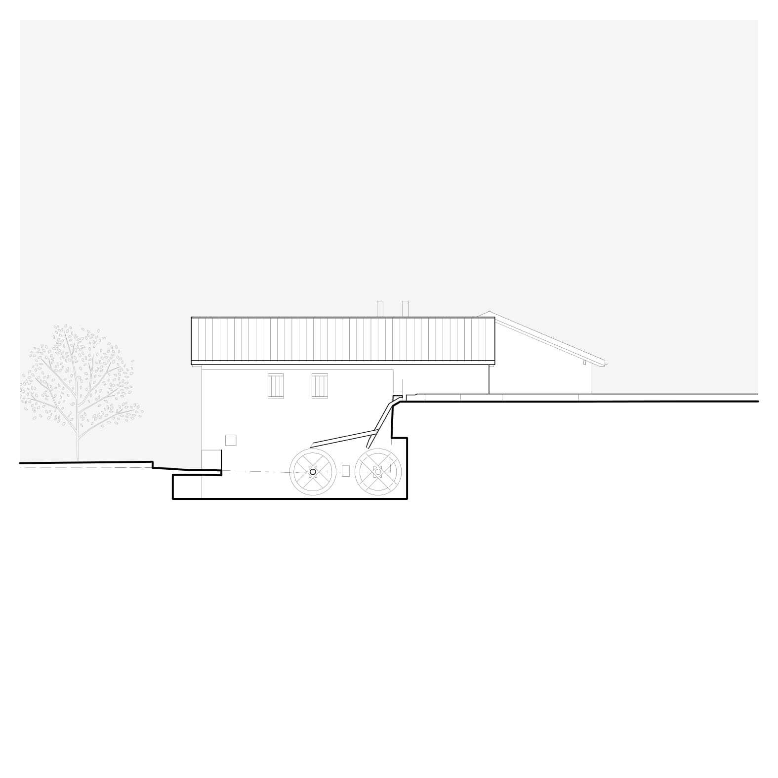 Section drawing cutting through the two-story volume with sloped roofs and a tree to the left