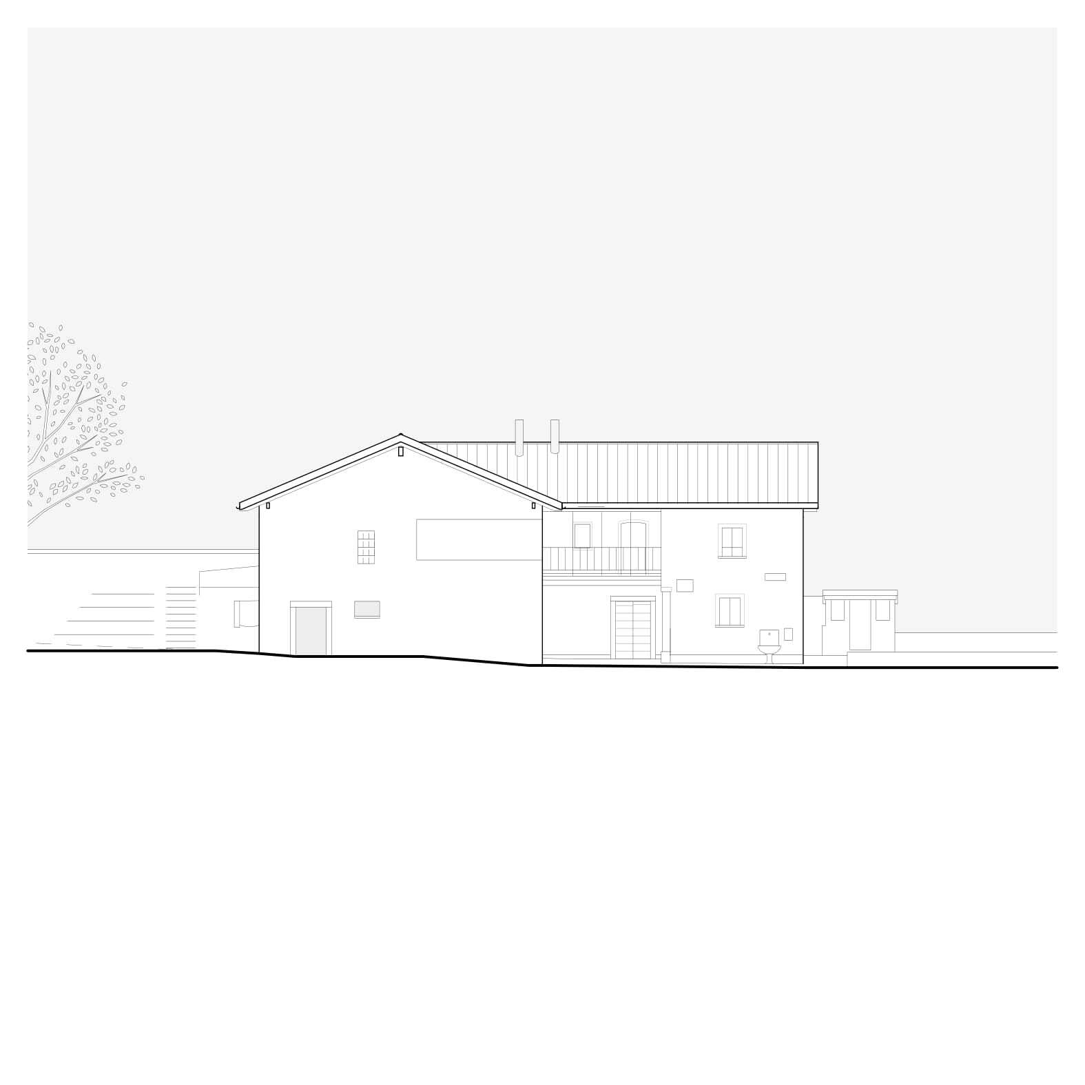 Elevation drawing showing the gabled facade with balcony and multiple window openings beside a tree