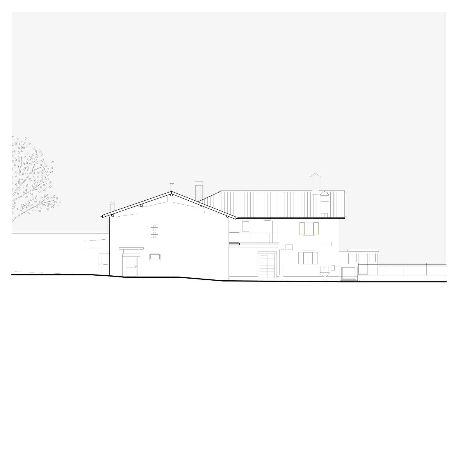 Elevation drawing revealing the pitched roof volume with upper balcony and fenestration pattern across facade