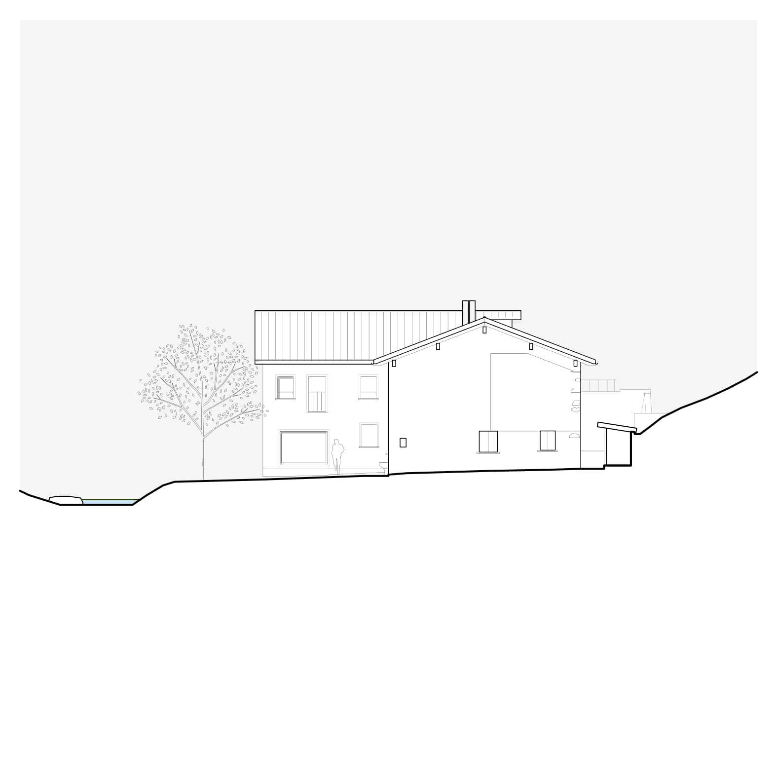 Elevation drawing displaying the rear facade with corrugated roof and figure in doorway near tree