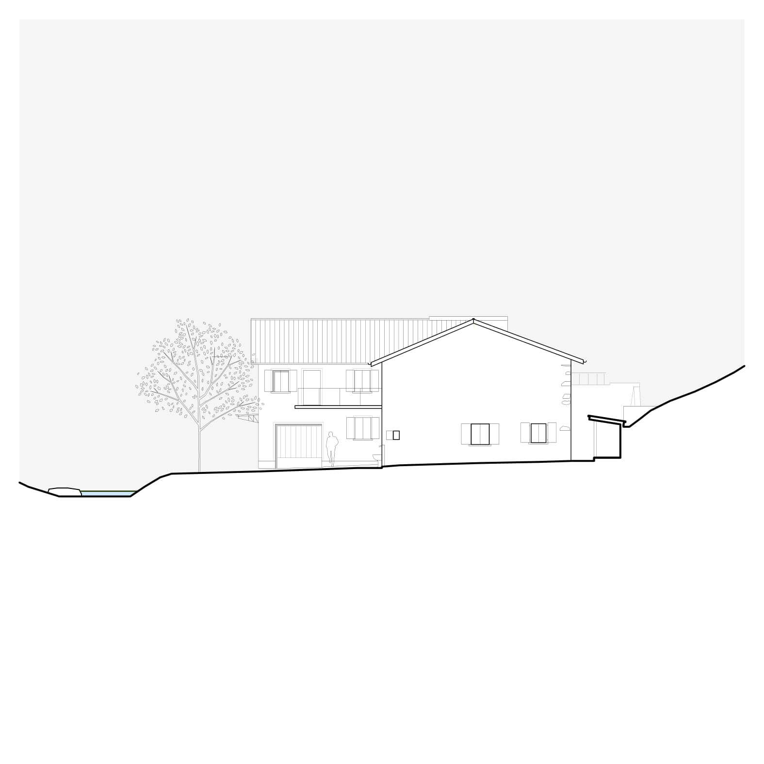 Elevation drawing presenting the opposite facade with garage door opening and tree in foreground