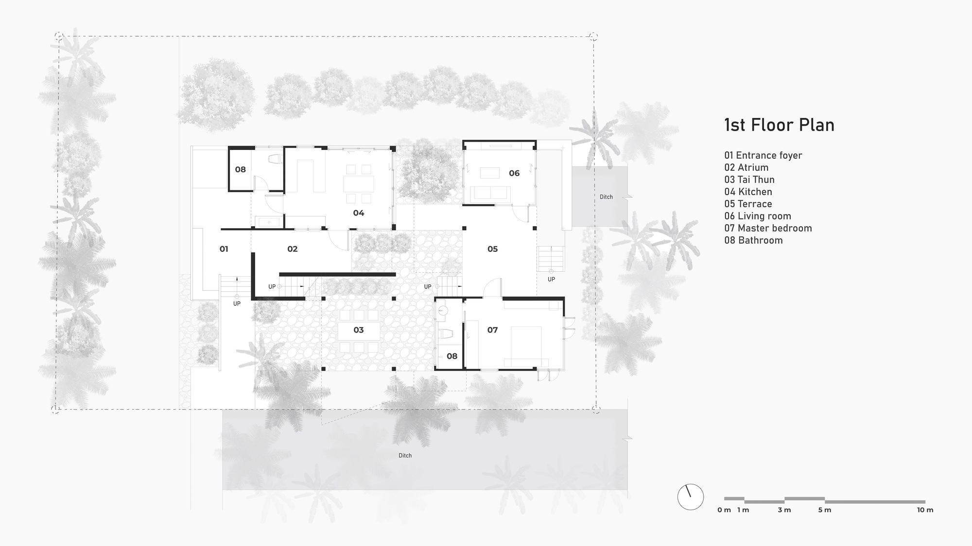 First floor plan drawing showing rooms arranged around open courtyards with surrounding trees
