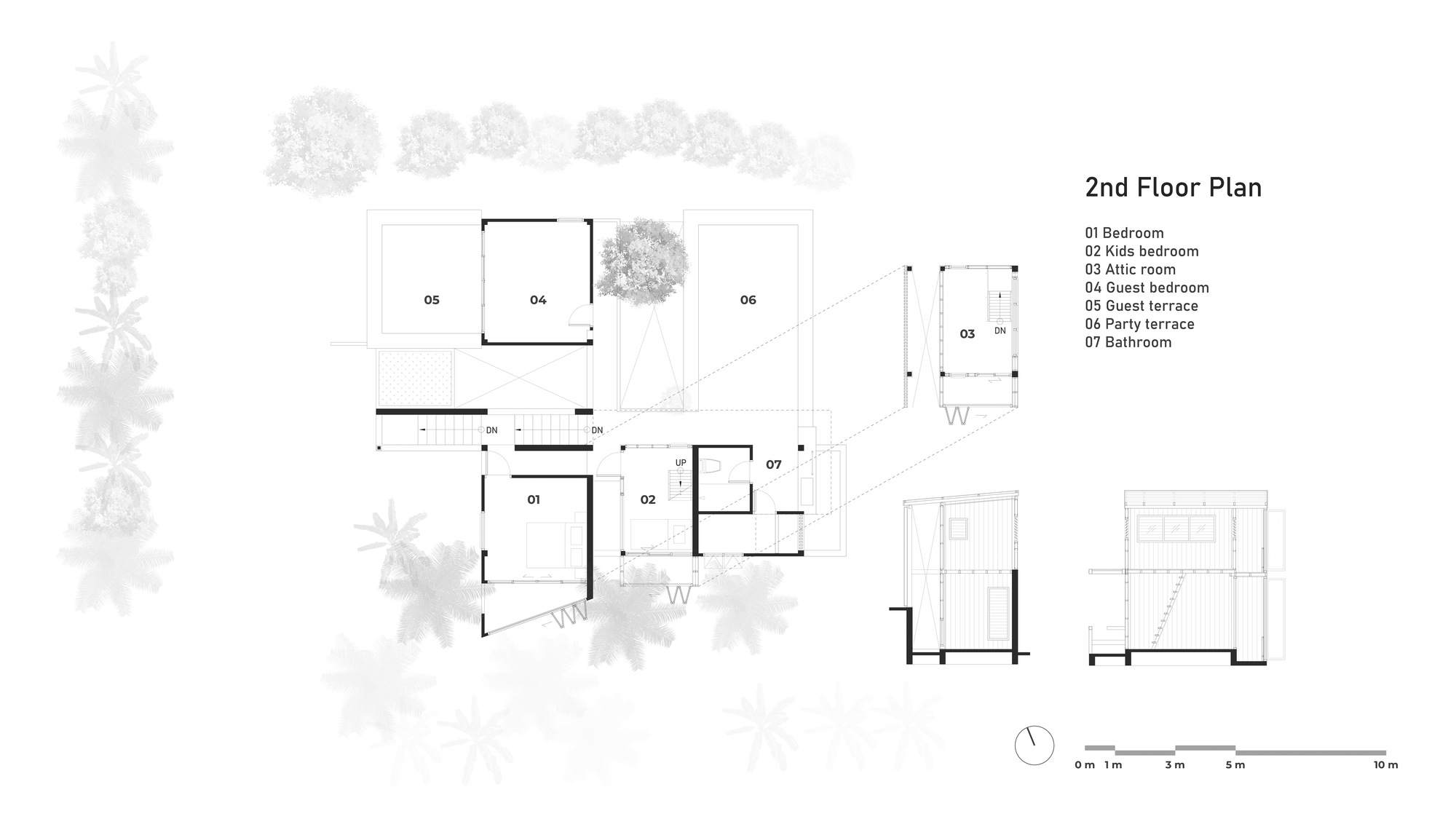 Second floor plan drawing with bedrooms and terrace spaces indicated alongside section views
