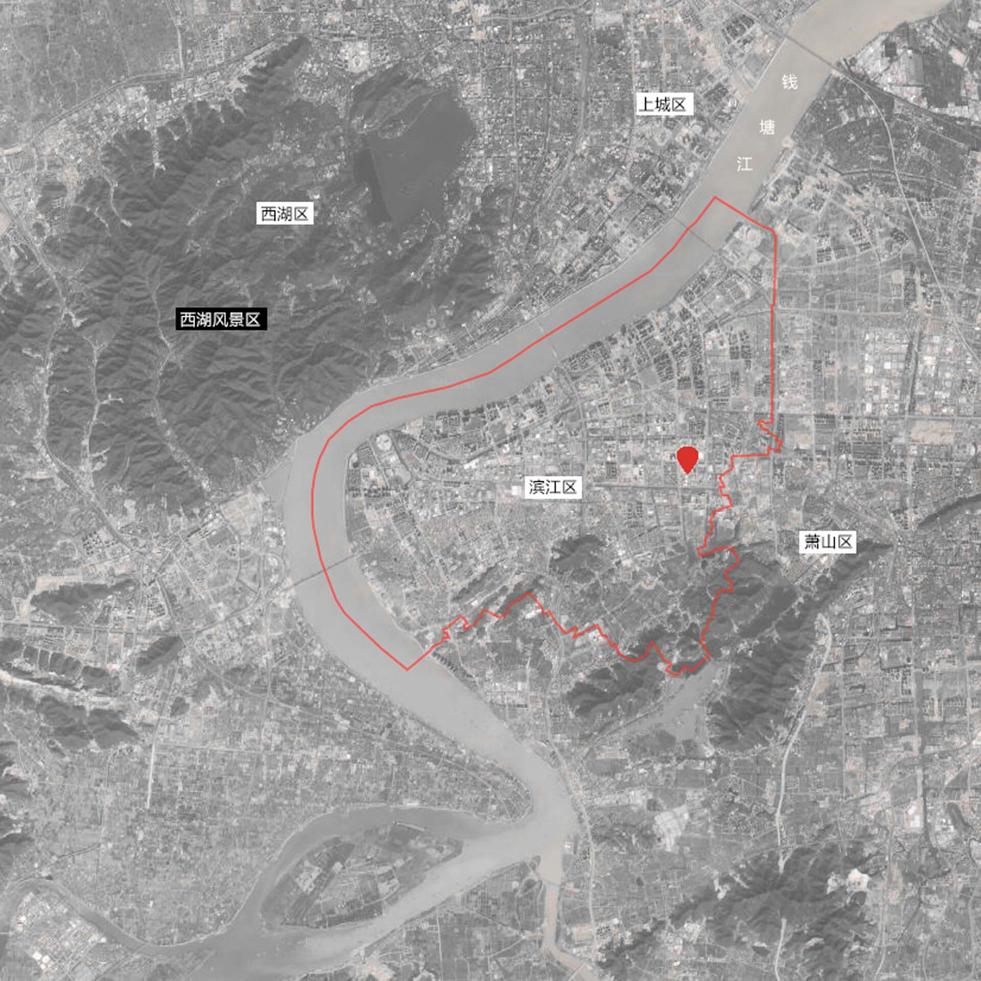 Aerial site map showing the river bend and urban context with a red boundary outline
