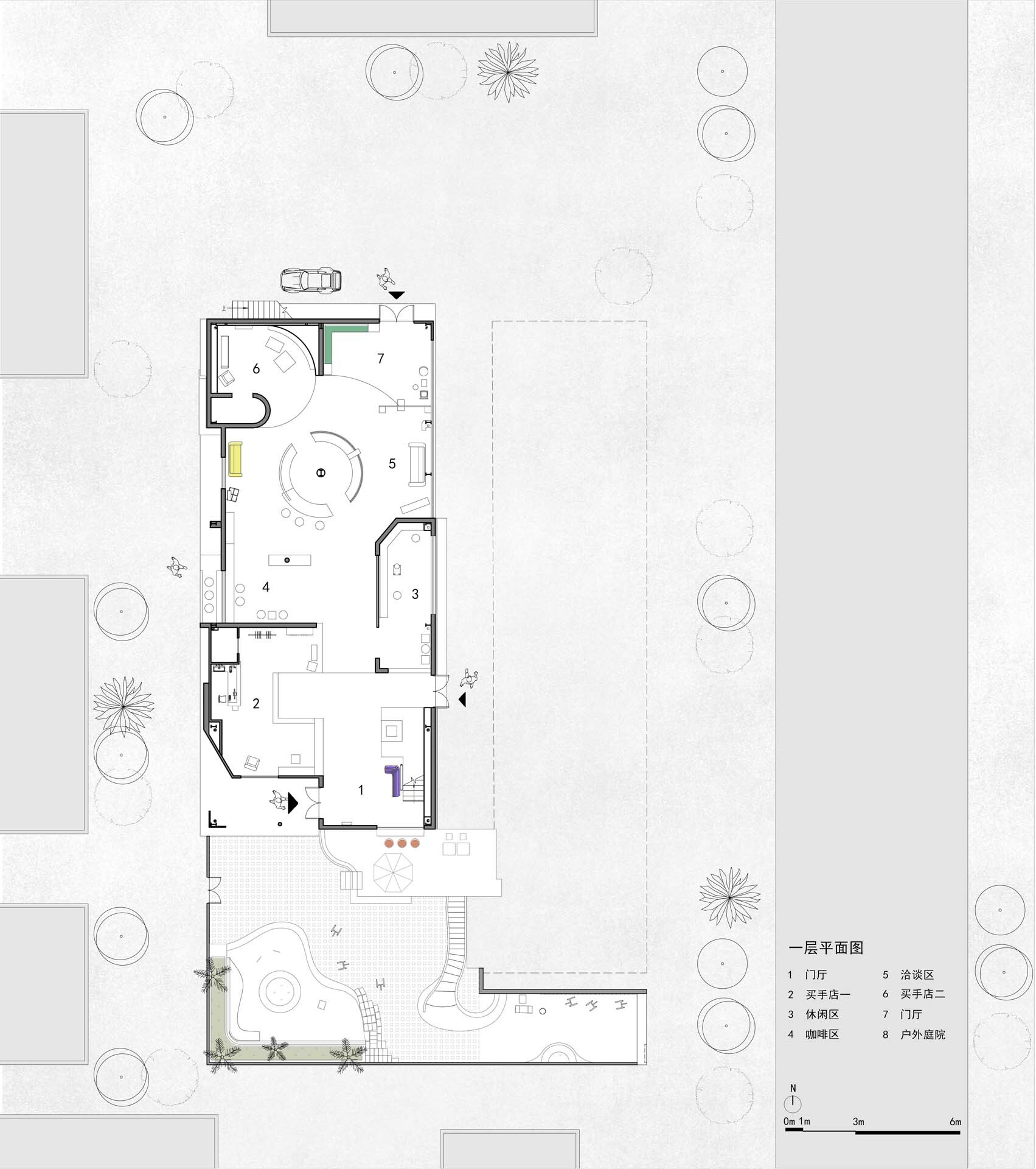 Ground floor plan drawing showing numbered rooms and landscaped courtyard with trees