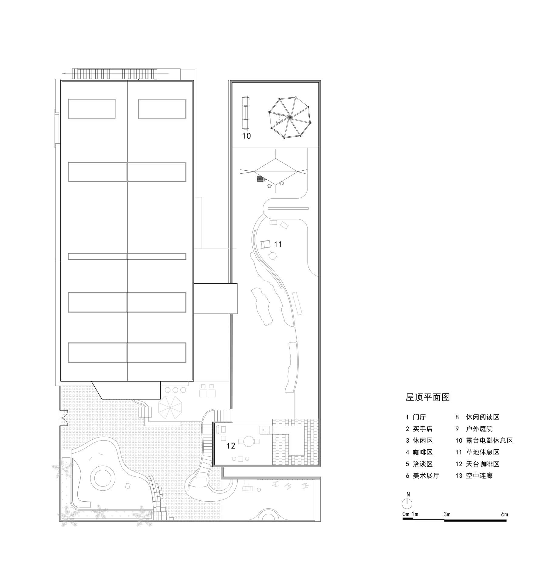Roof plan drawing showing rectangular building with adjacent courtyard and octagonal pavilion