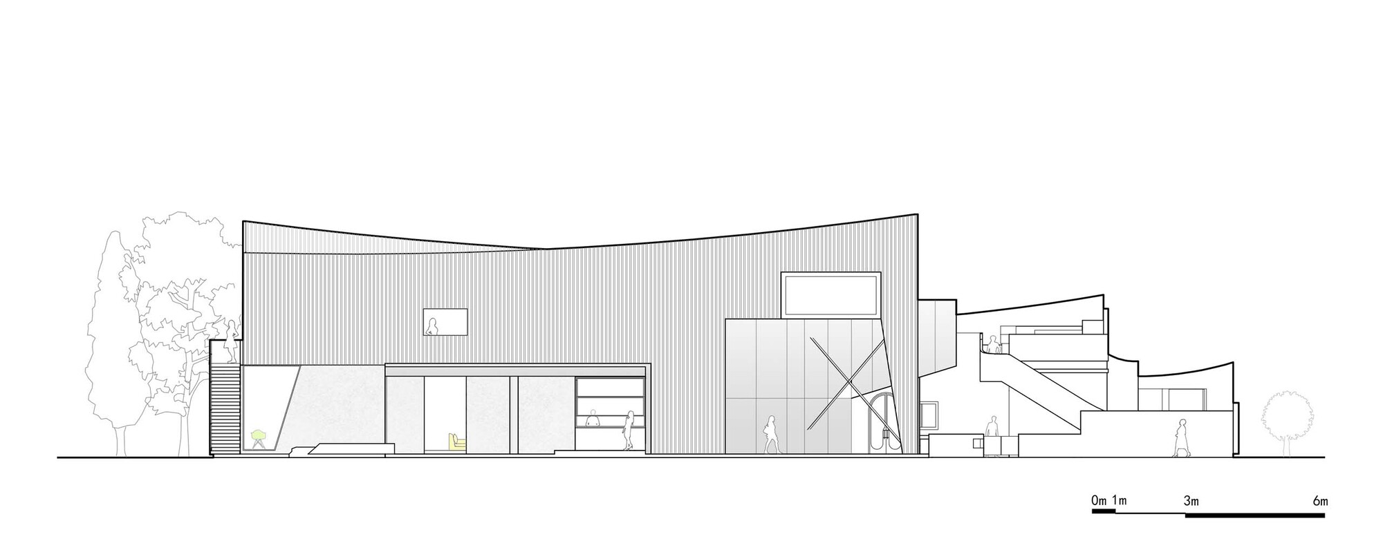 Elevation drawing showing facade with curved roof and stepped volumes flanked by trees