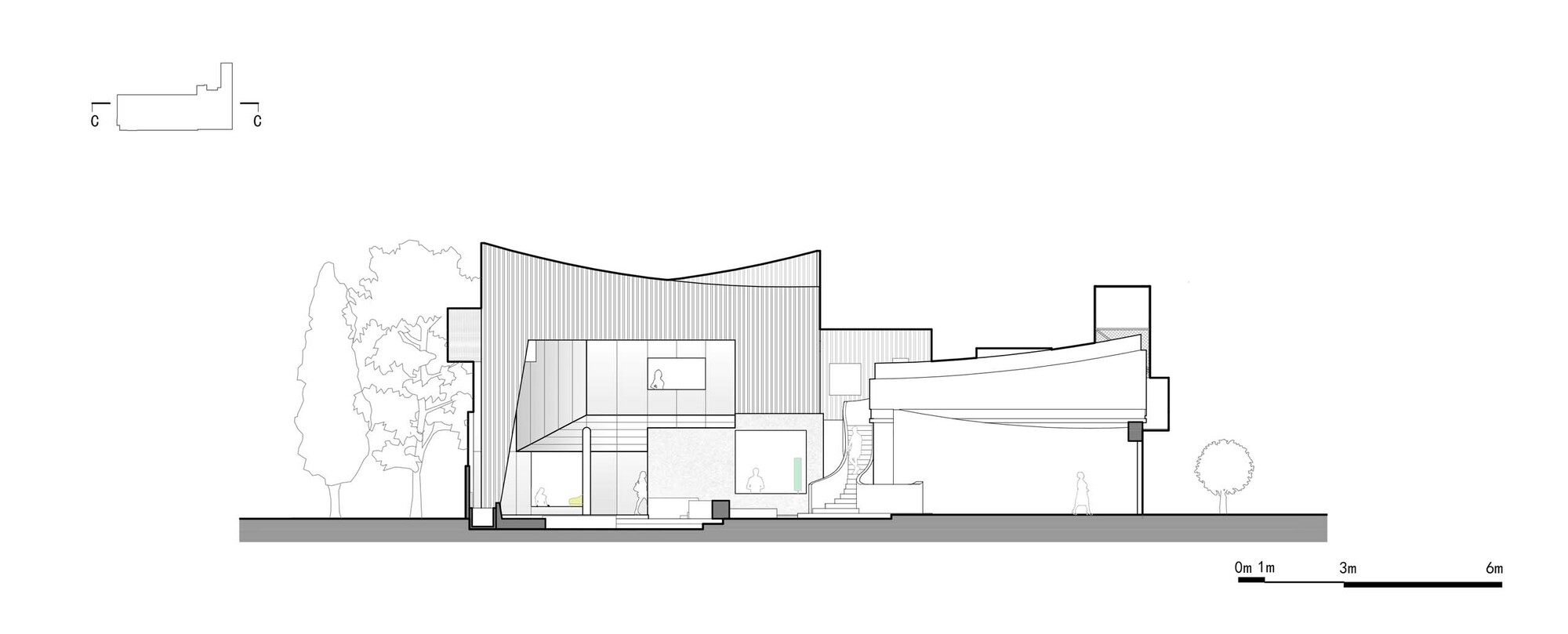Section drawing revealing interior spatial relationships beneath a curved roof with flanking vegetation