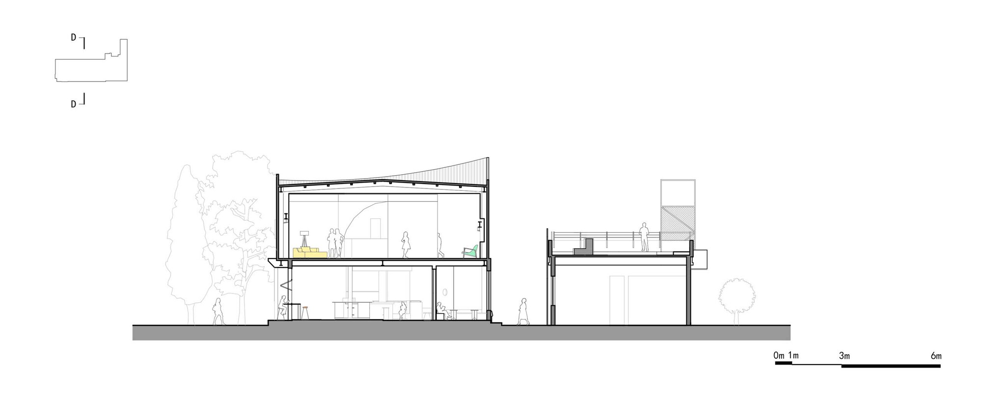 Section drawing showing two-story interior spaces with curved roof and separated lower volume