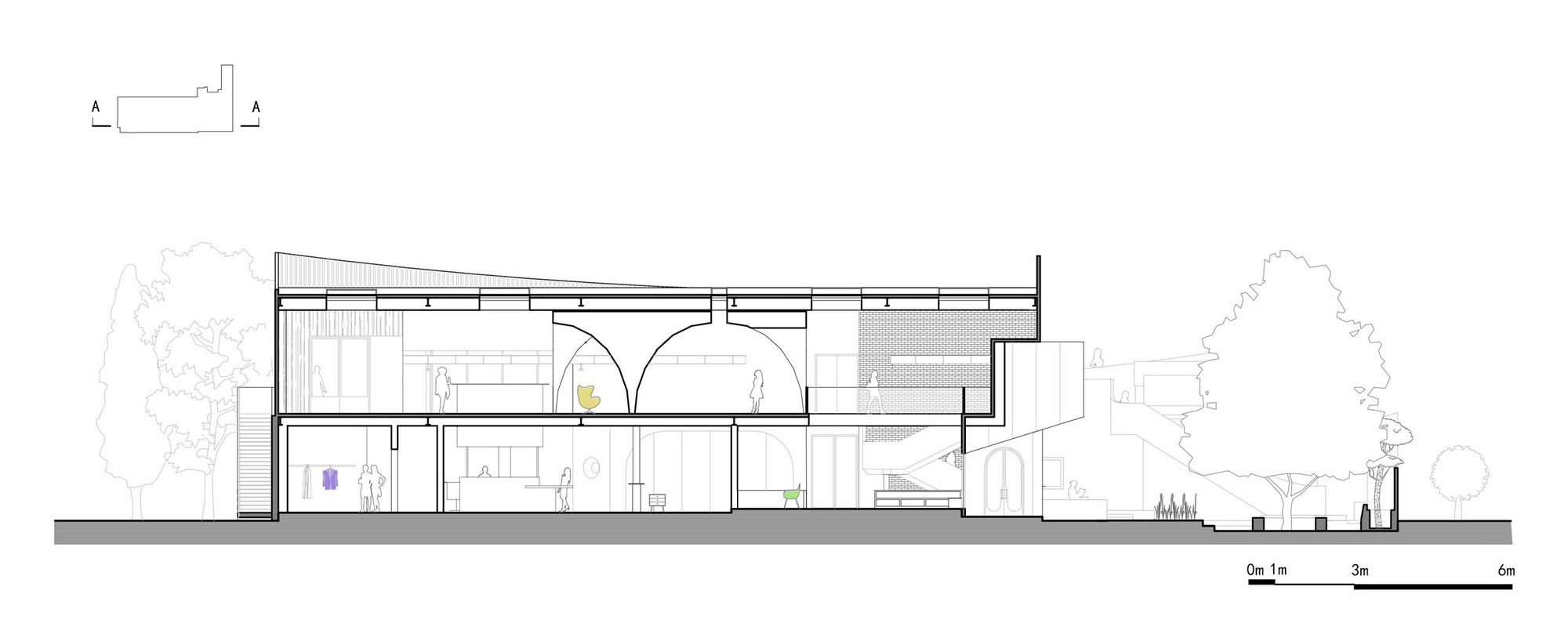 Cross-section drawing showing a linear building with arched openings and adjacent trees