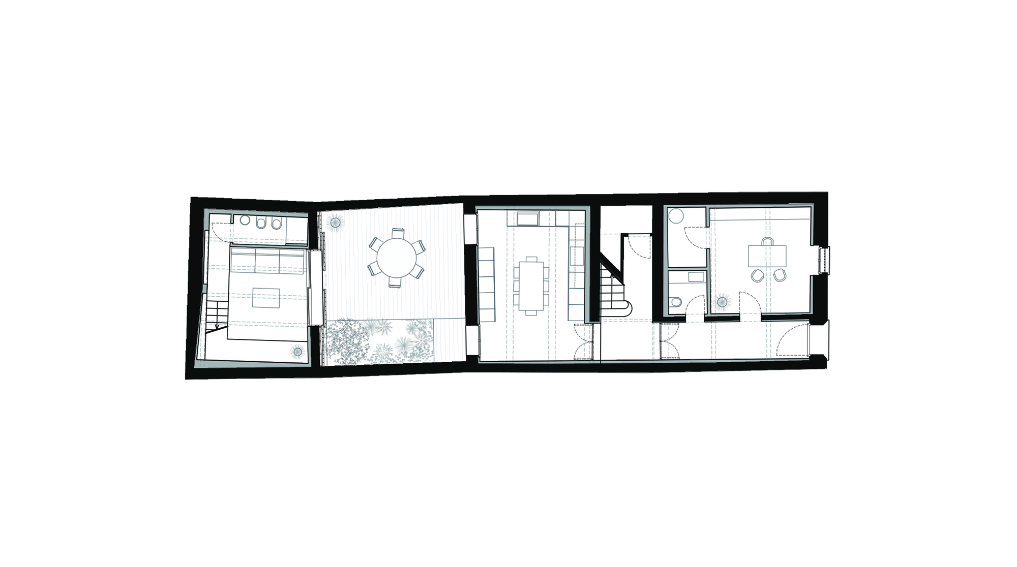 Floor plan drawing showing linear arrangement of bedroom, courtyard, dining, kitchen and stair