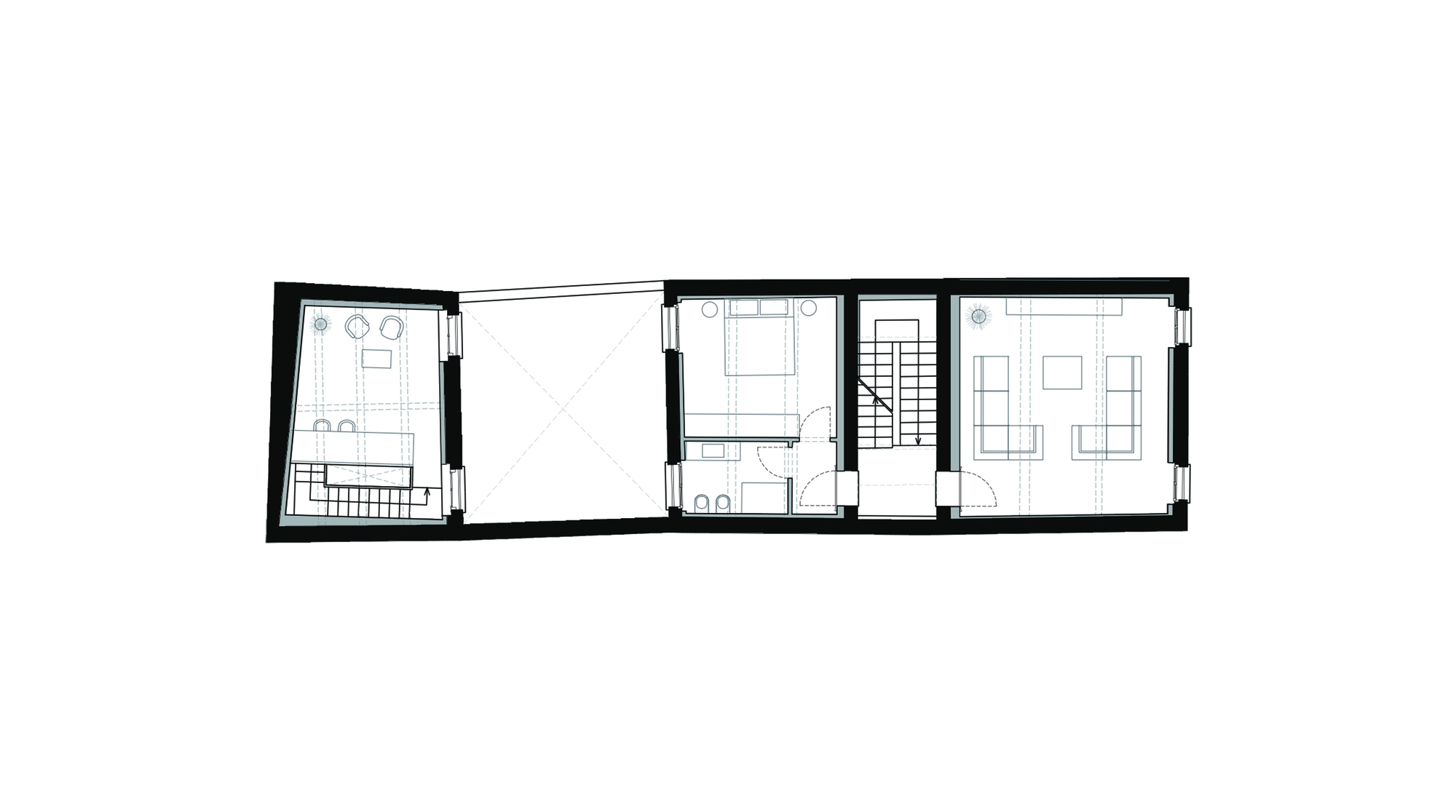Floor plan drawing showing a narrow multi-room layout with staircase and angled wall at left