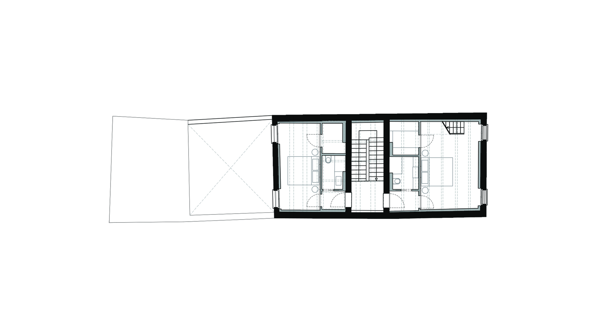 Floor plan drawing showing upper level with central staircase and bathroom flanked by two rooms