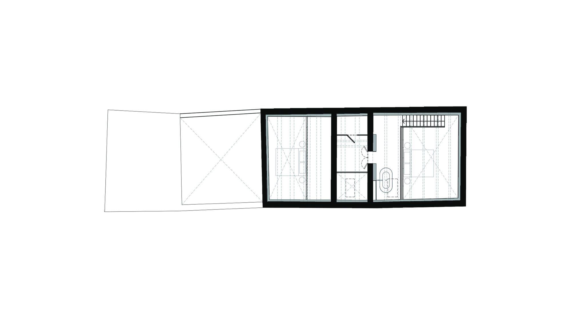 Floor plan drawing showing bathroom with freestanding tub and adjacent shower with vertical slats