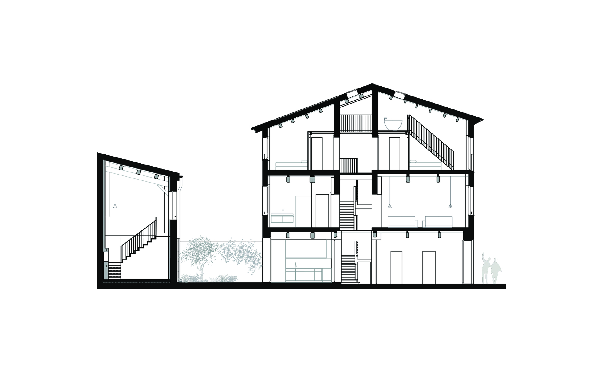 Section drawing showing three-story residence with pitched roof and human figures for scale