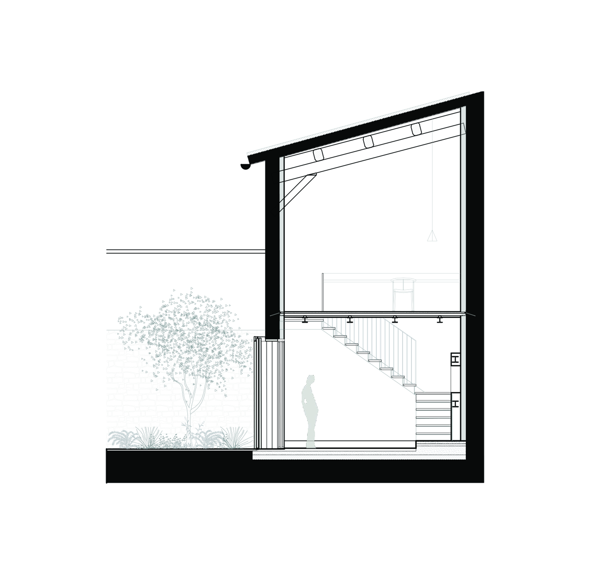 Section drawing showing double-height space with staircase, pendant light, and tree in courtyard