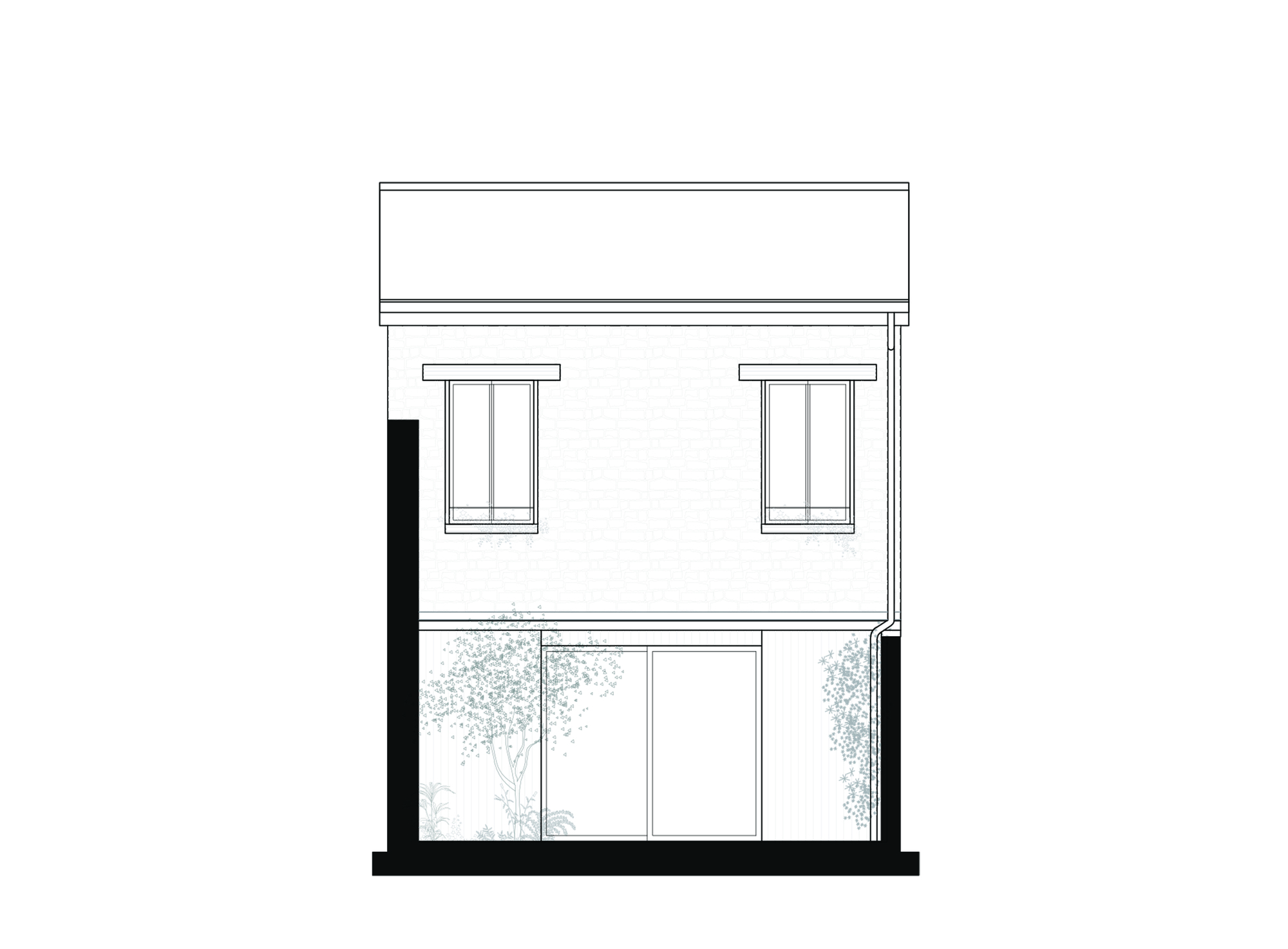 Elevation drawing showing two-story facade with paired windows above glazed entry and flanking planting