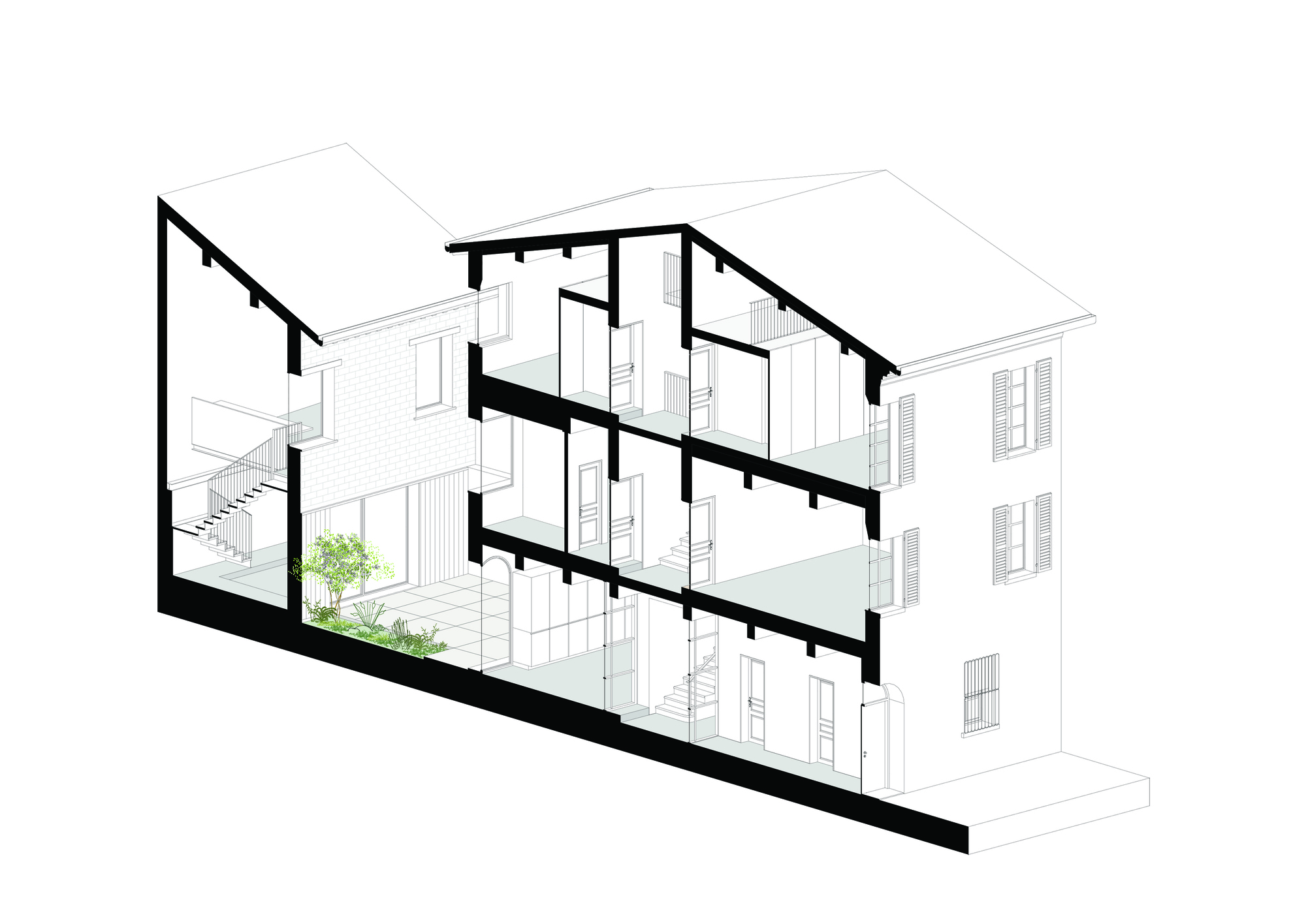 Axonometric section drawing revealing the multi-level interior spaces with a small tree on the lower floor