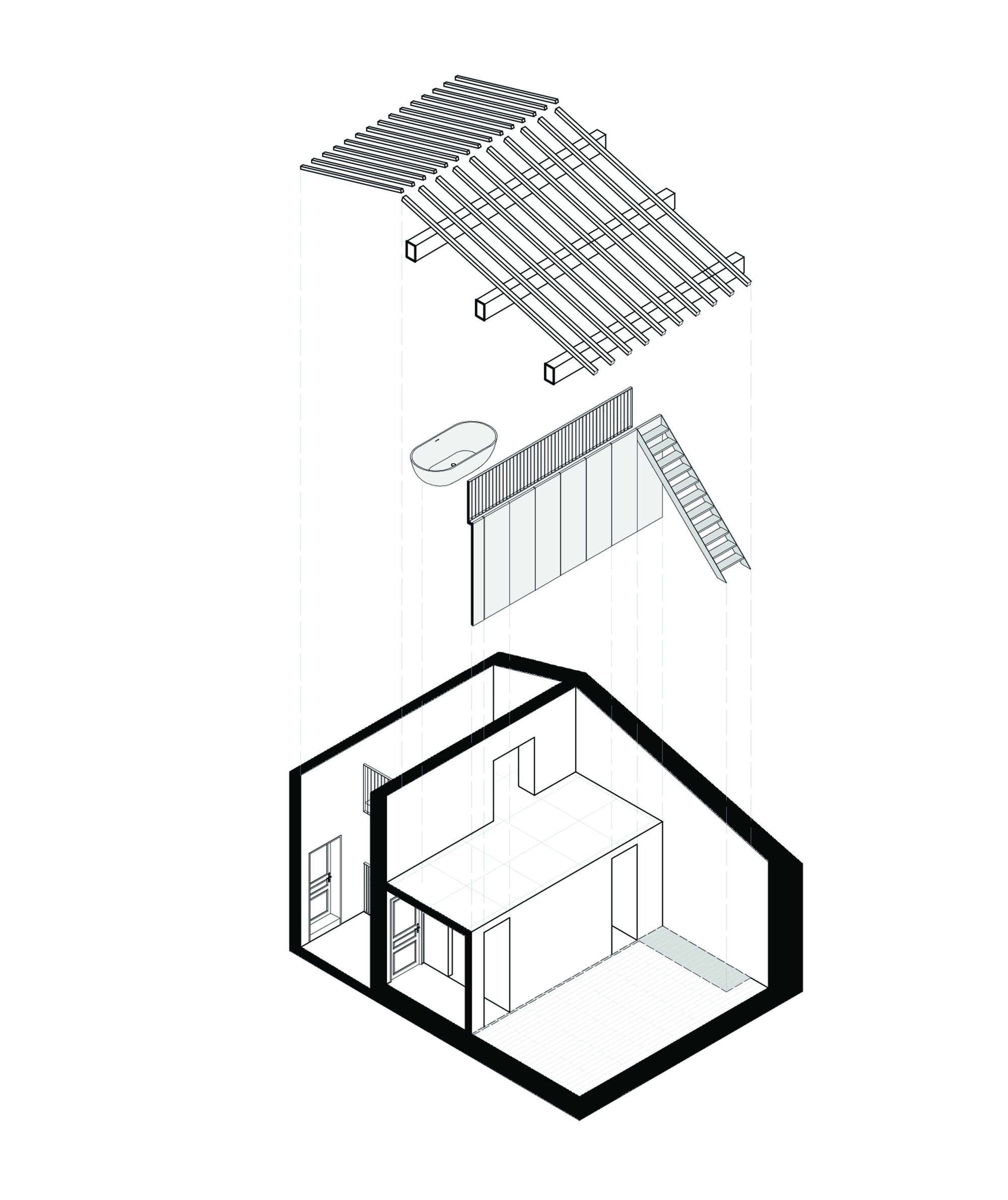 Exploded axonometric drawing showing roof structure, wall assembly, and interior volume with staircase