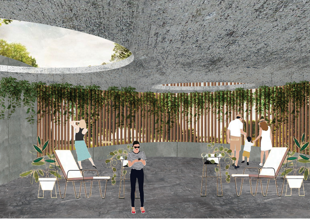 An open gathering space where visitors can learn about koala conservation in a nature-inspired environment.