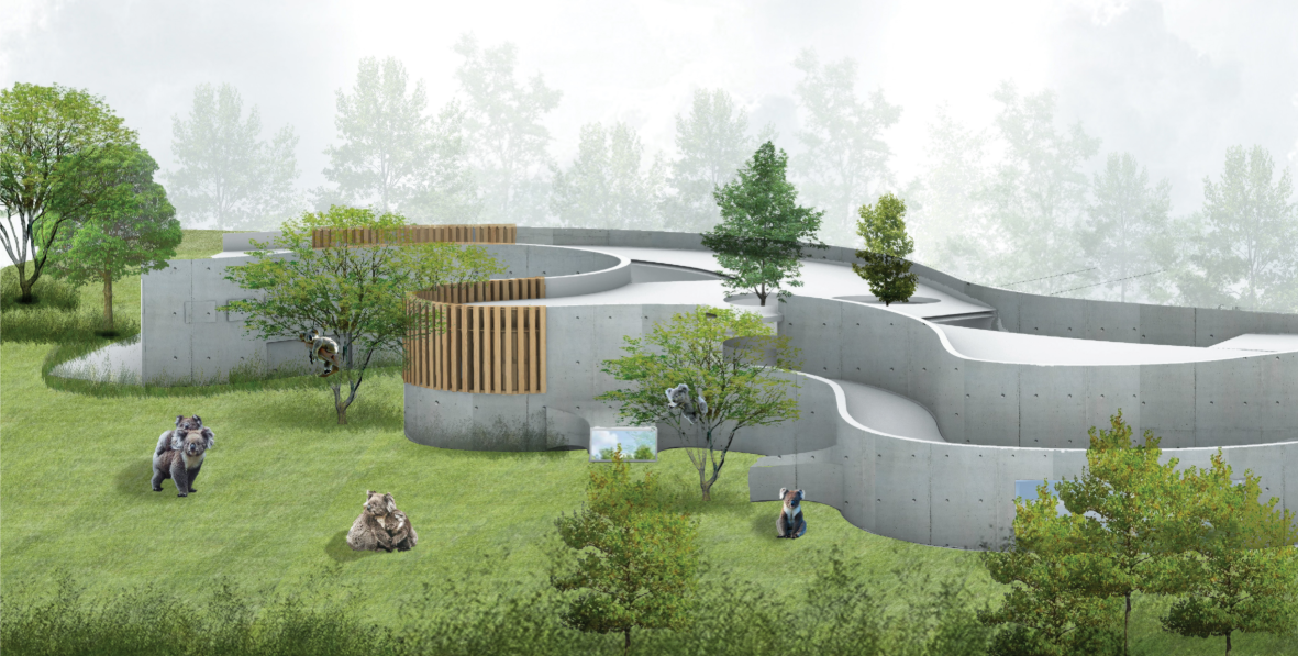 Organic concrete forms weave through the landscape, creating a sanctuary for wildlife rehabilitation and education.