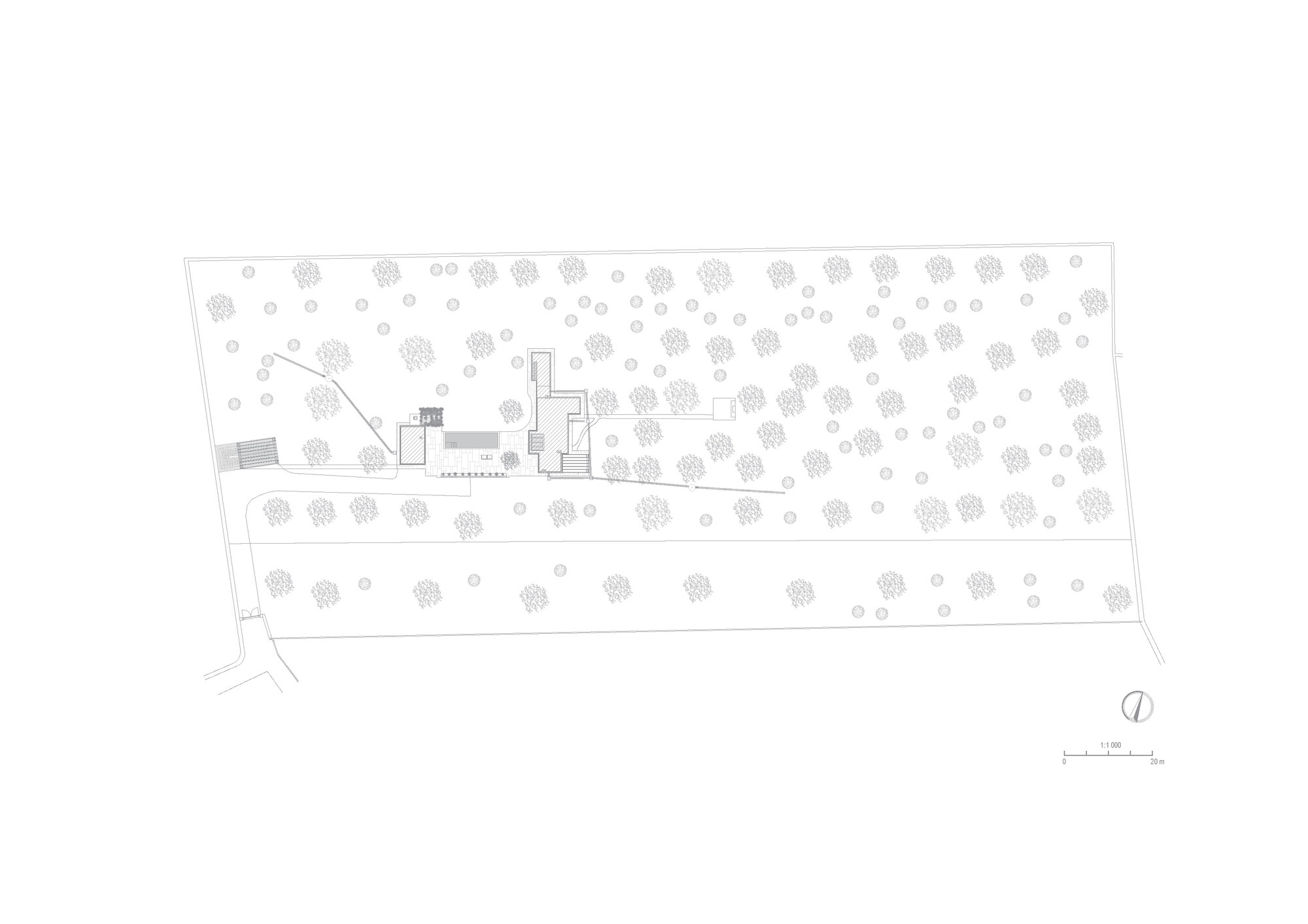 Site plan drawing showing dispersed buildings within an orchard of circular tree canopies