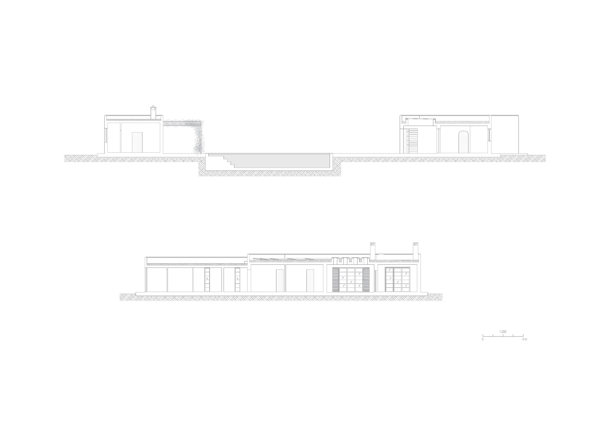 Section and elevation drawings showing low horizontal volumes with flat roofs and varied interior heights