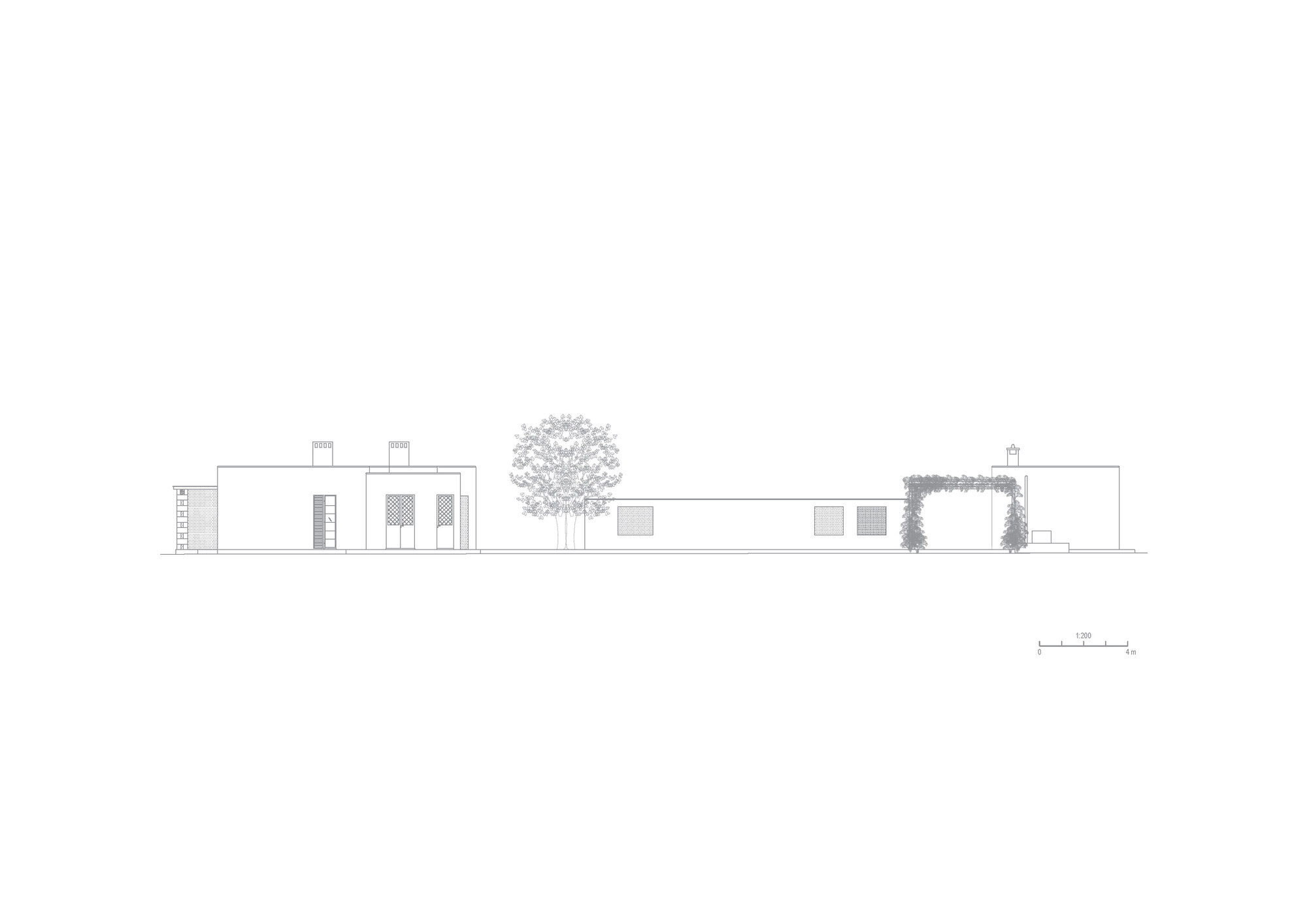 Elevation drawing showing linear volumes with rectangular openings flanked by a tree and vine-covered mass