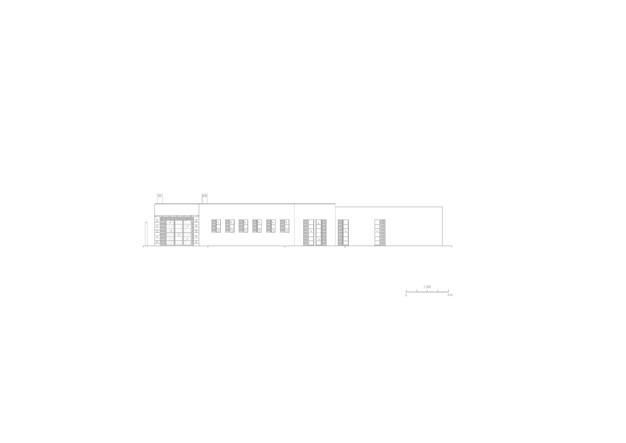 Elevation drawing showing a single-story structure with shuttered windows and chimneys along a horizontal roofline