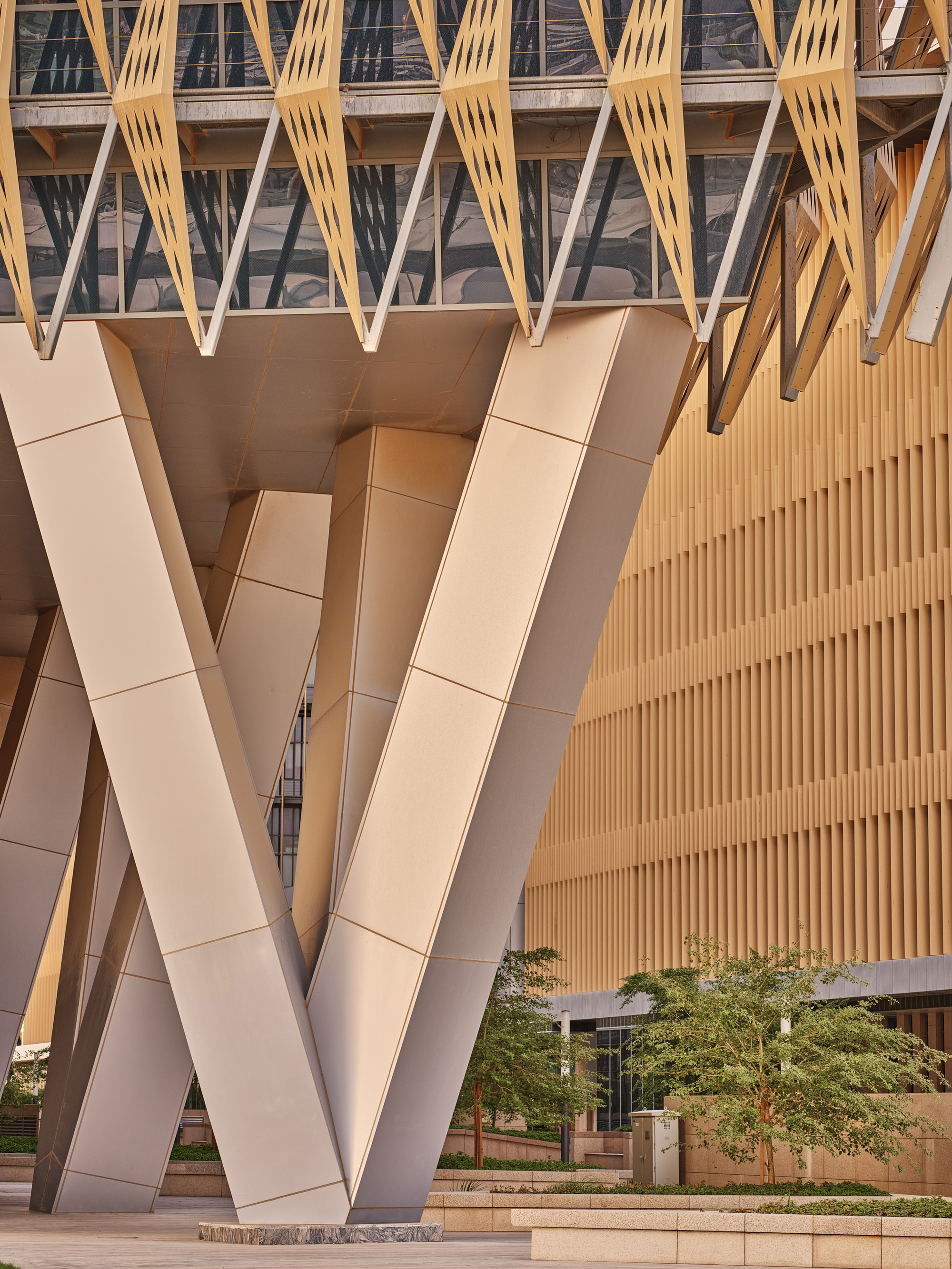 White diagonal structural columns supporting timber lattice screens above a planted terrace with small trees
