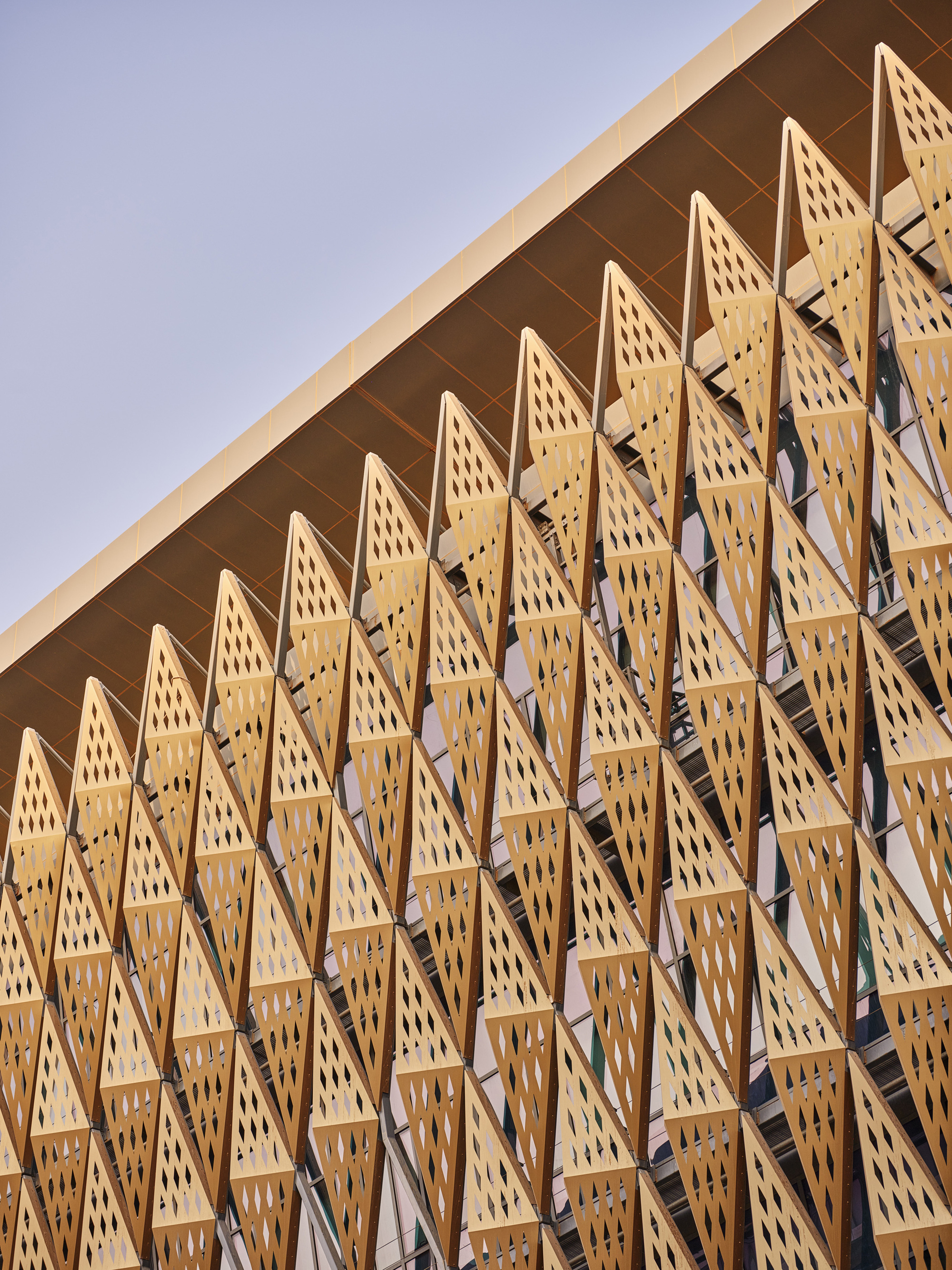 Perforated timber facade with zigzag screens creating a repetitive triangular pattern in afternoon light