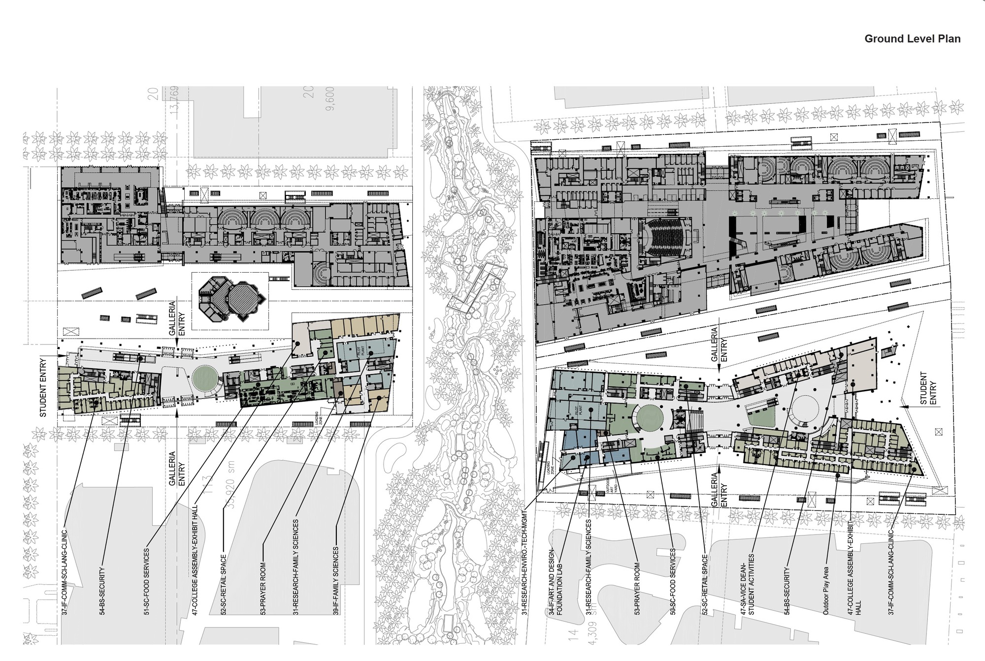Ground level plan drawing showing two buildings separated by a landscaped corridor with labeled zones