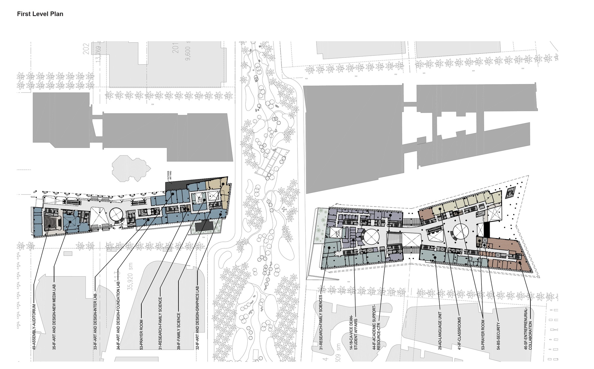 First level plan drawing showing interior layouts of two connected buildings with color-coded program areas