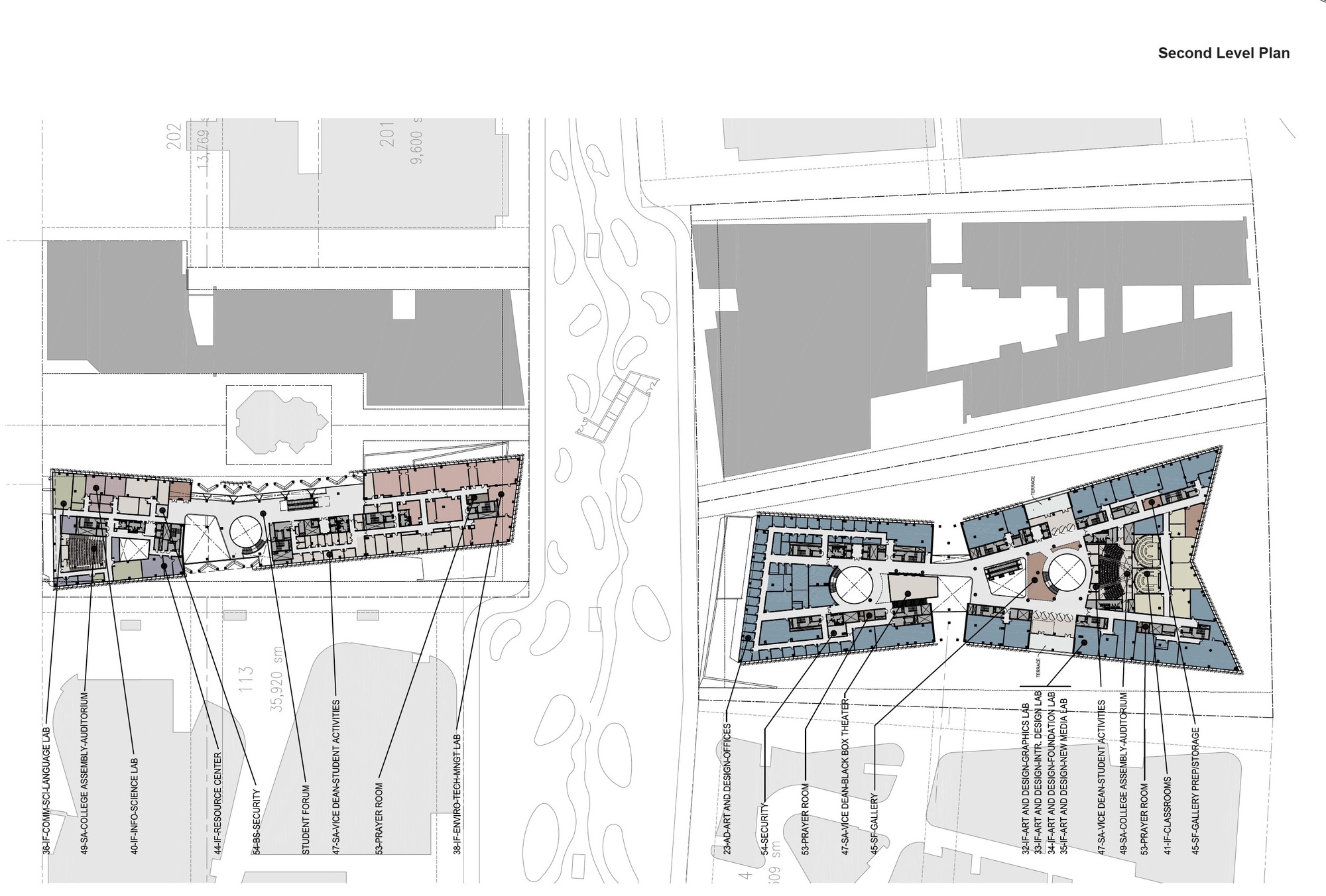 Second level floor plan drawing showing two irregular building footprints with diagonal street annotations below